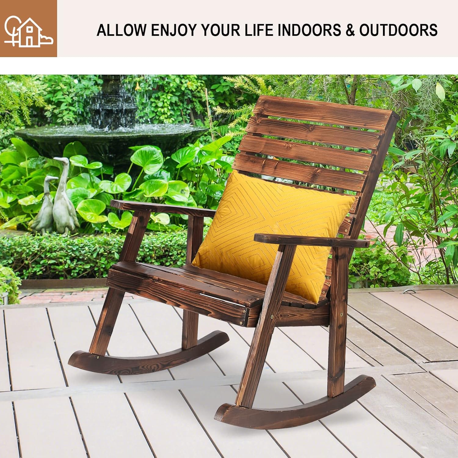 Mecedora de madera para exteriores, mecedora de porche de madera rústica con respaldo alto para interiores, patio trasero, patio, natural