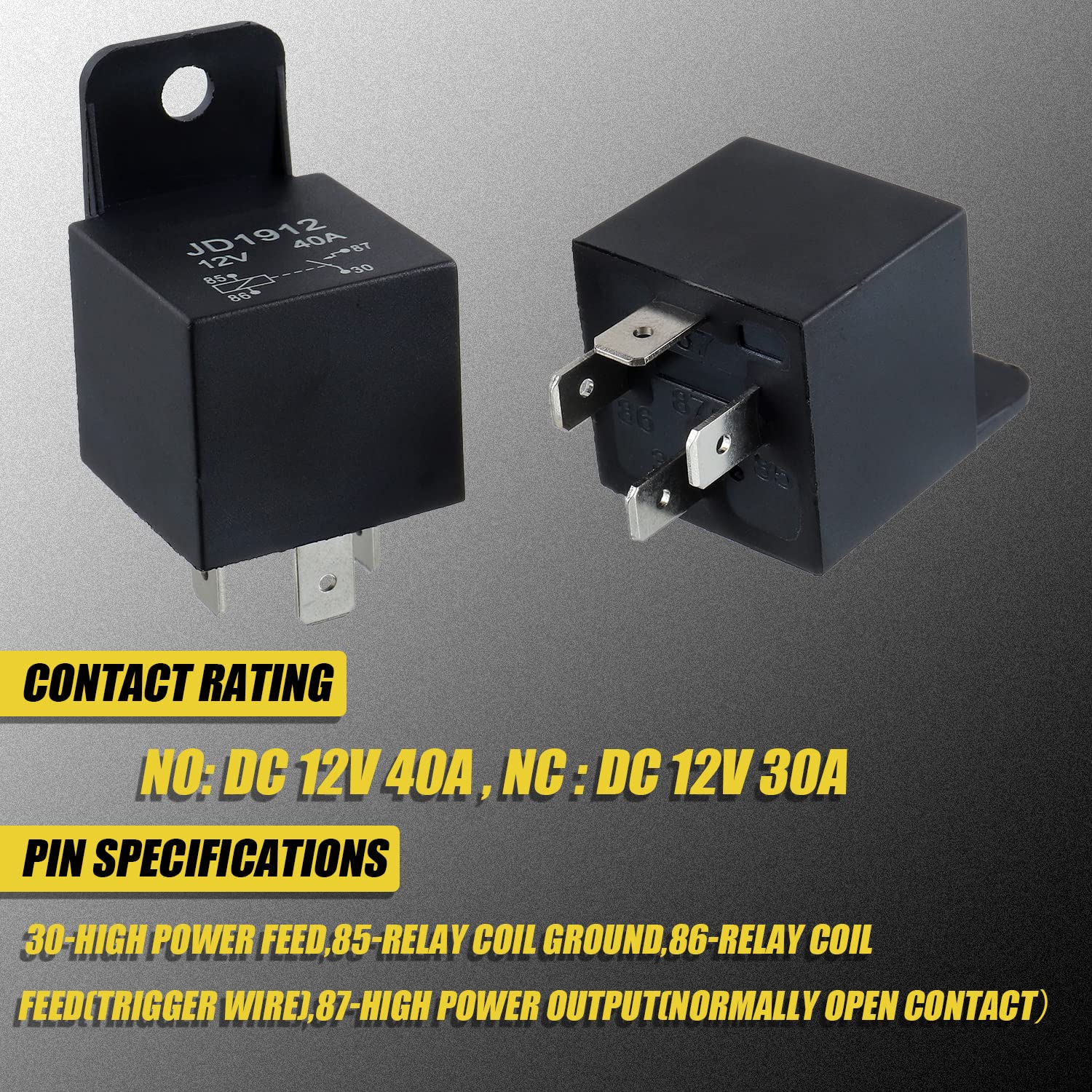 JD1912 Relé de 4 pines 40A 12V SPST para automóvil, camión, camioneta, motocicleta, barco, relé (paquete de 2 unidades)