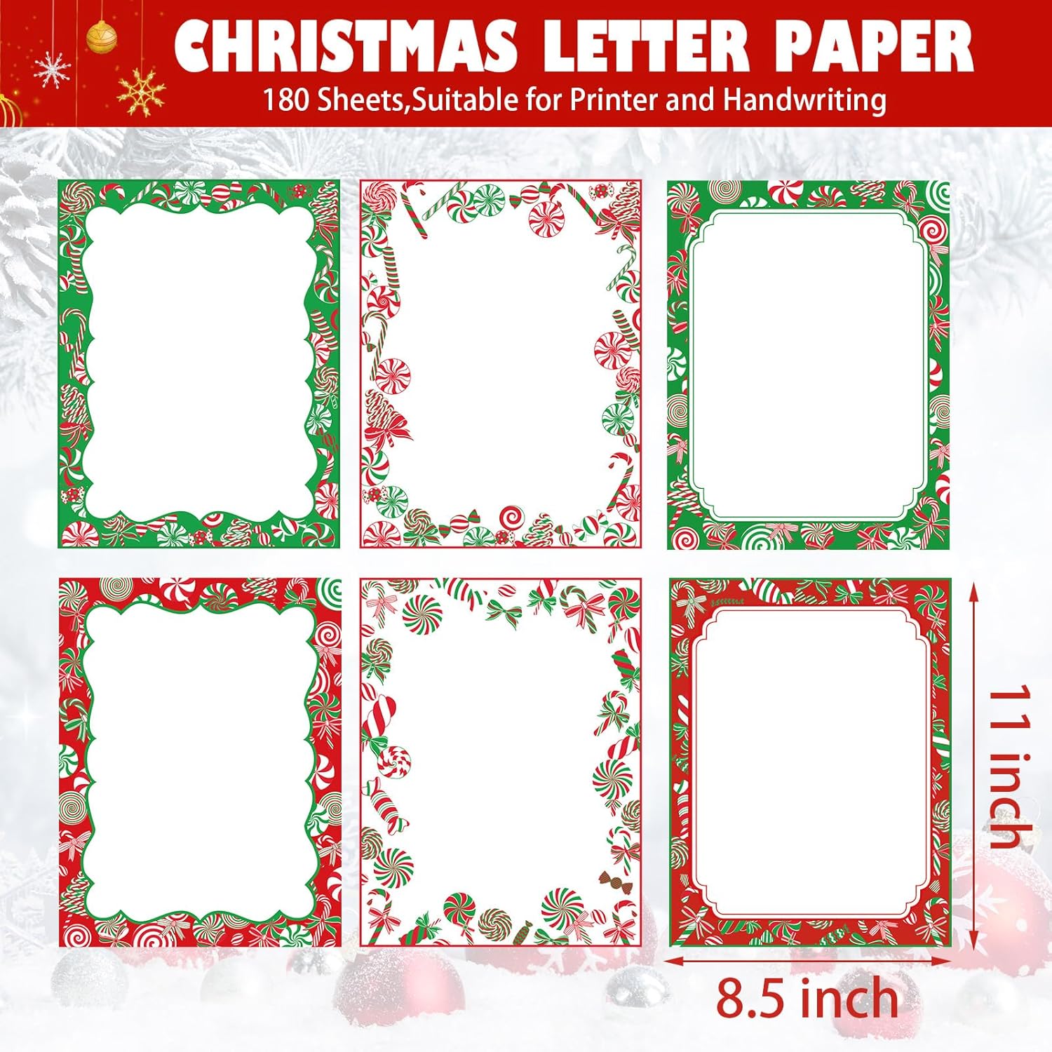 180 hojas de papel de papelería de Navidad, bastones de caramelo, papel de papelería, papel de carta navideña para notas, tarjetas de felicitación