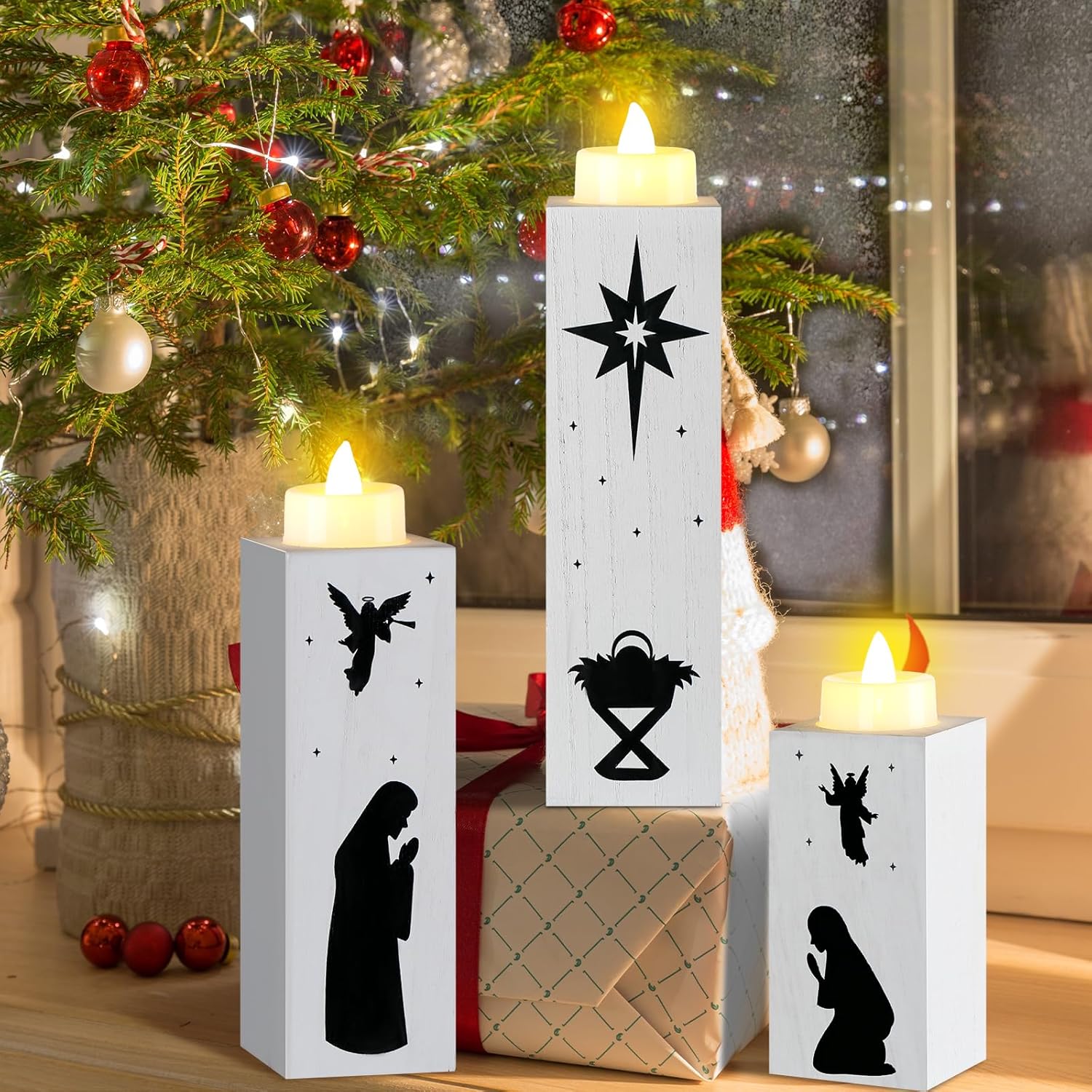 3 portavelas de Navidad con 6 velas de Adviento de Navidad, portavelas sin llama, belén, mesa de madera, centro de mesa, candelabros de Navidad para