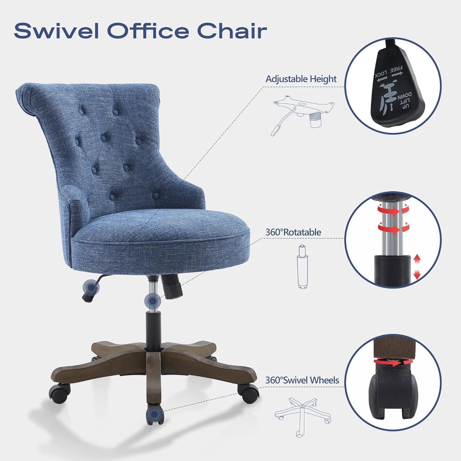 Home Office Chair Adjustable Height Swivel Chair with Wheels Linen Fabric Upholstered Computer Desk Chair with Wooden Legs Comfortable Armless Chair