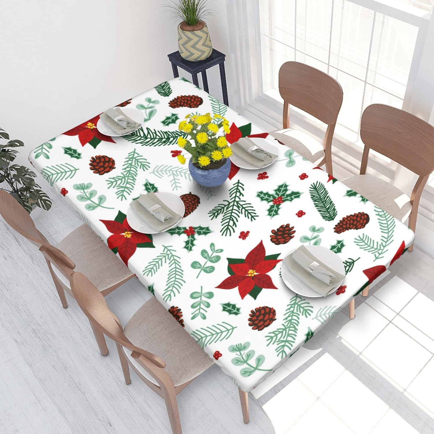 QALFKAD Manteles ajustables de Navidad rectangulares de 5 pies, diseño de flores de invierno, bayas y ramitas con borde elástico, mantel