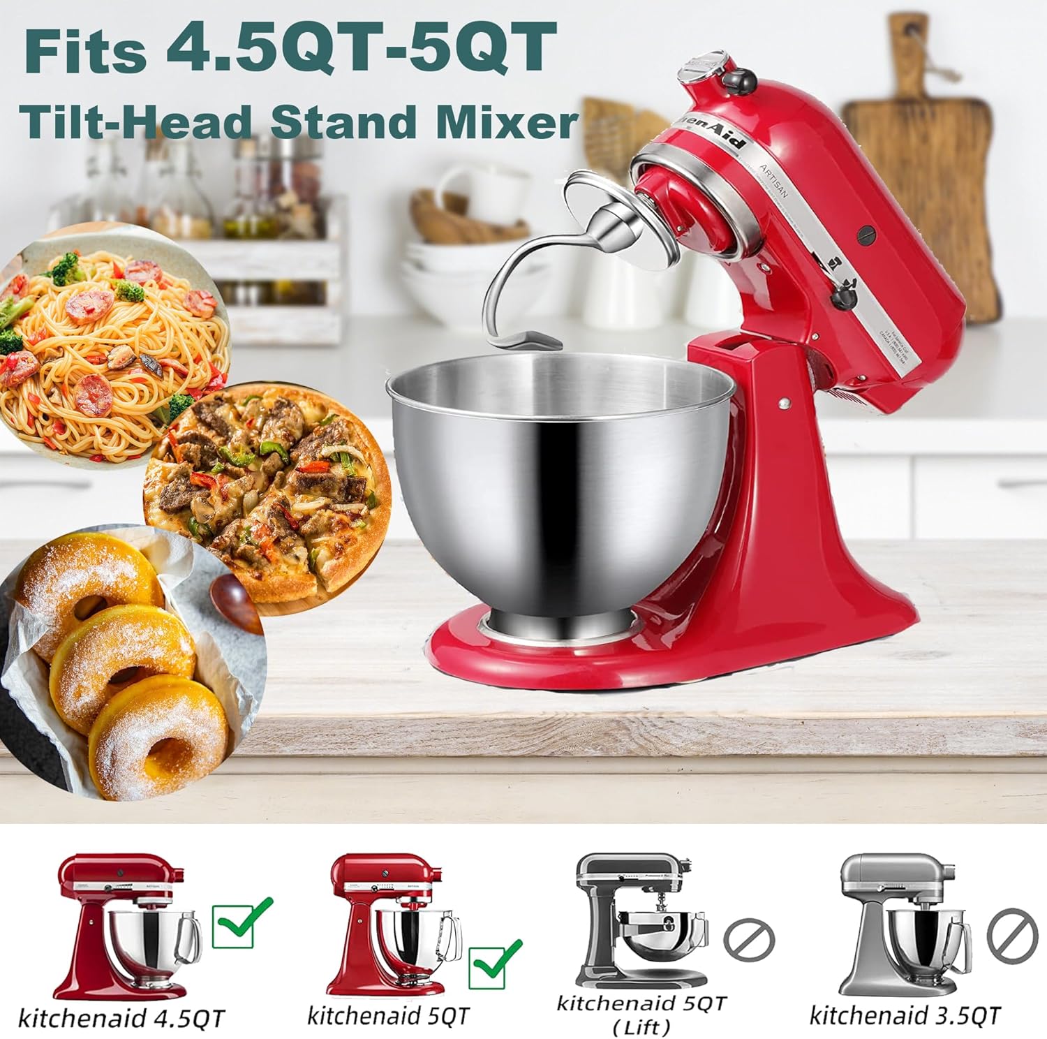 Accesorio para mezcladores, batidor de borde flexible de acero inoxidable K45DH Gancho de masa K45WW Látigo de 6 hilos para KitchenAid 4.5-5 cuartos