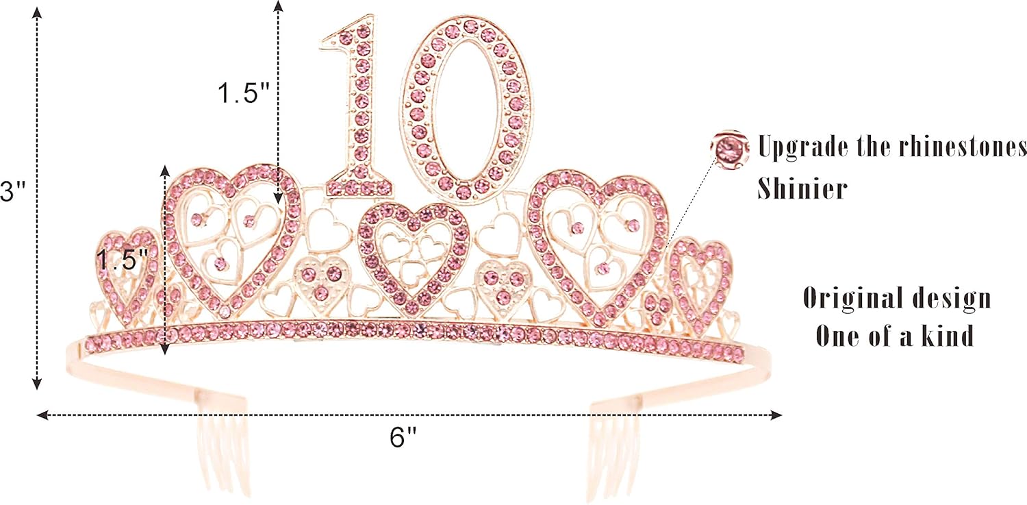 Banda y tiara de cumpleaños número 10 para niñas, fabulosa banda con purpurina + corazones de diamantes de imitación, tiara de metal rosa de alta