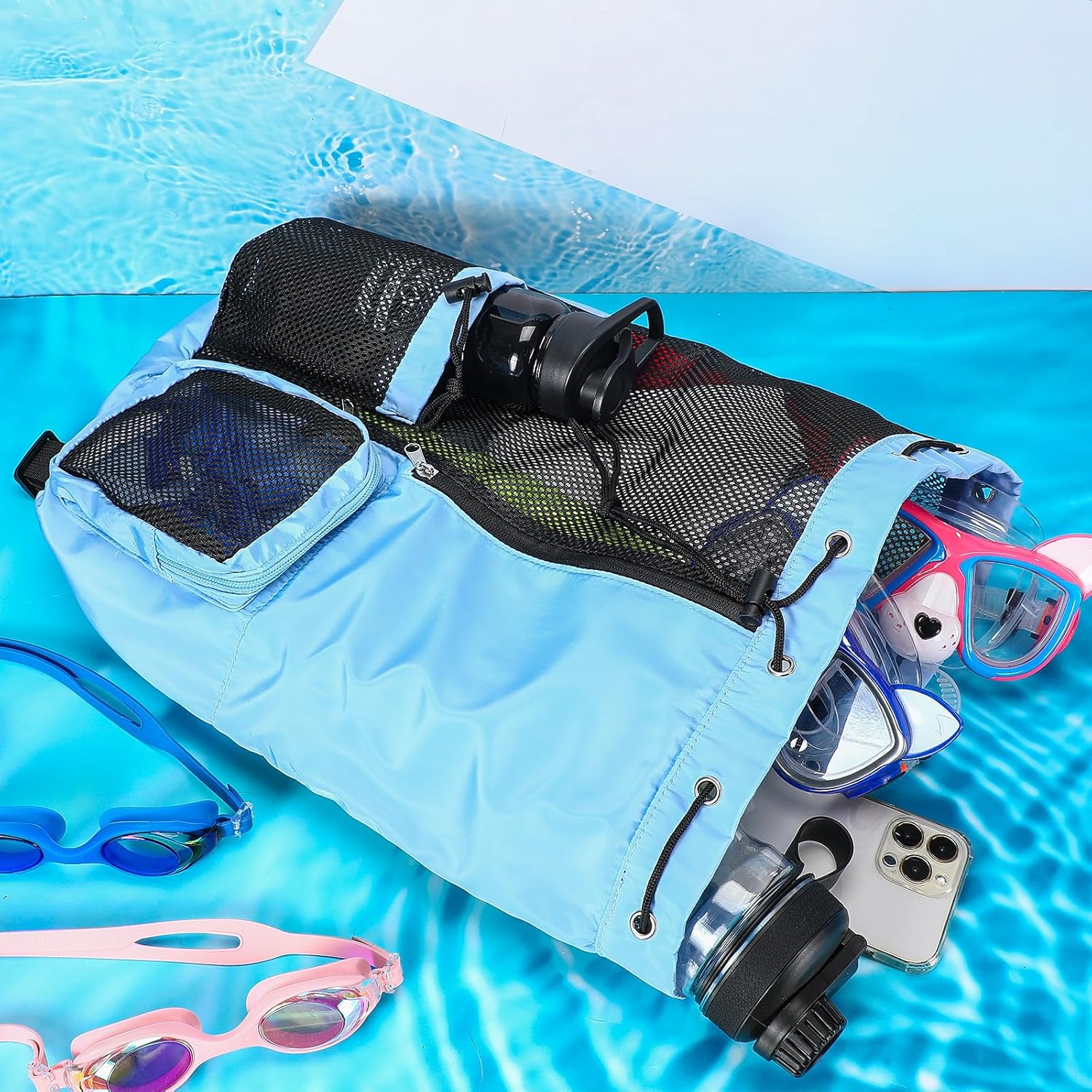 Mochila de malla con cordón de 5 piezas, con bolsillo húmedo, bolsa de gimnasio de malla ligera, mochila de playa para mujeres y hombres, piscina,