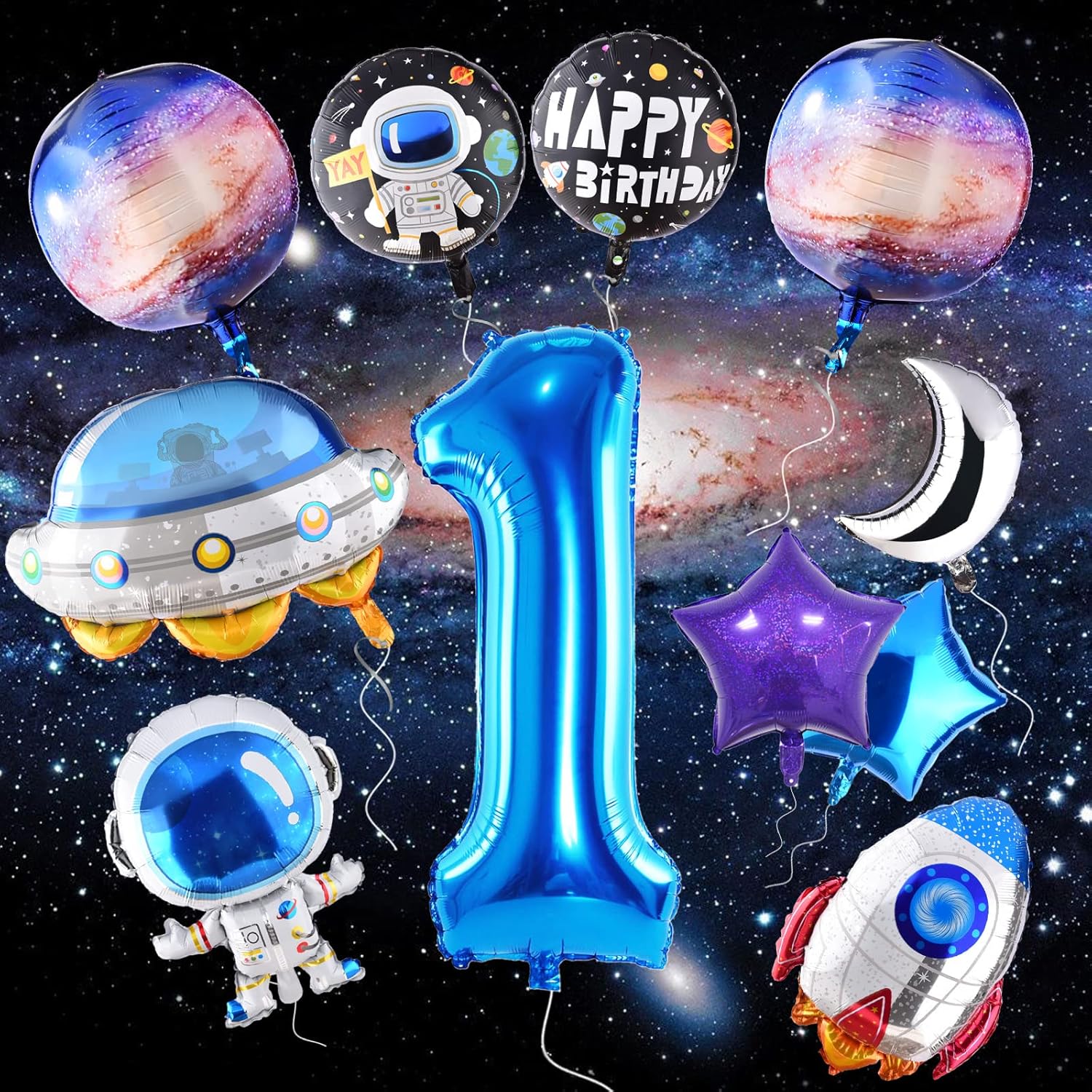 TMCCE 11 globos de aluminio con temática espacial para decoración de fiesta de cumpleaños con temática espacial de astronauta para el primer espacio