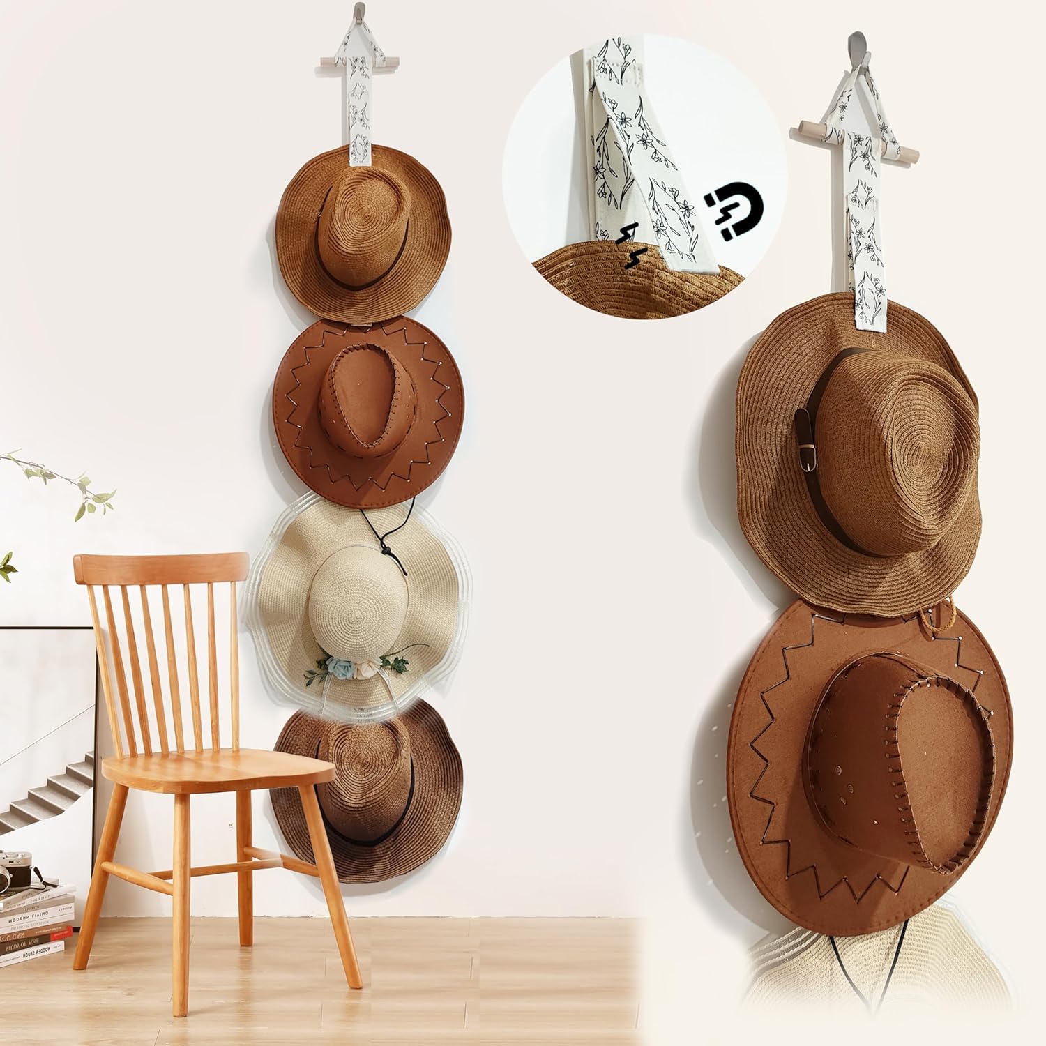 Perchas para sombreros de pared con diseño magnético para colgar en la pared, organizador de gorras para sombreros de ala ancha y varios sombreros