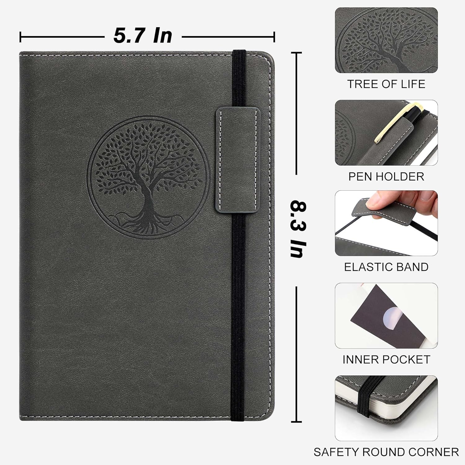 CAGIE Cuadernos con forro de cuero para el trabajo, diario del árbol de la vida para escribir, cuaderno de rayas universitarias con 256 páginas, 5.7