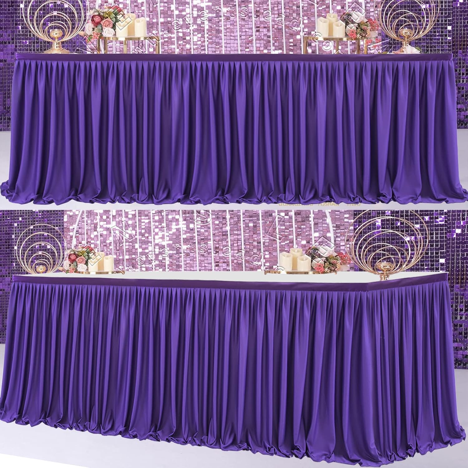 Partisky Falda de mesa de poliéster morado para mesas rectangulares de 17 pies, mantel plisado resistente a las arrugas para banquetes, bodas,
