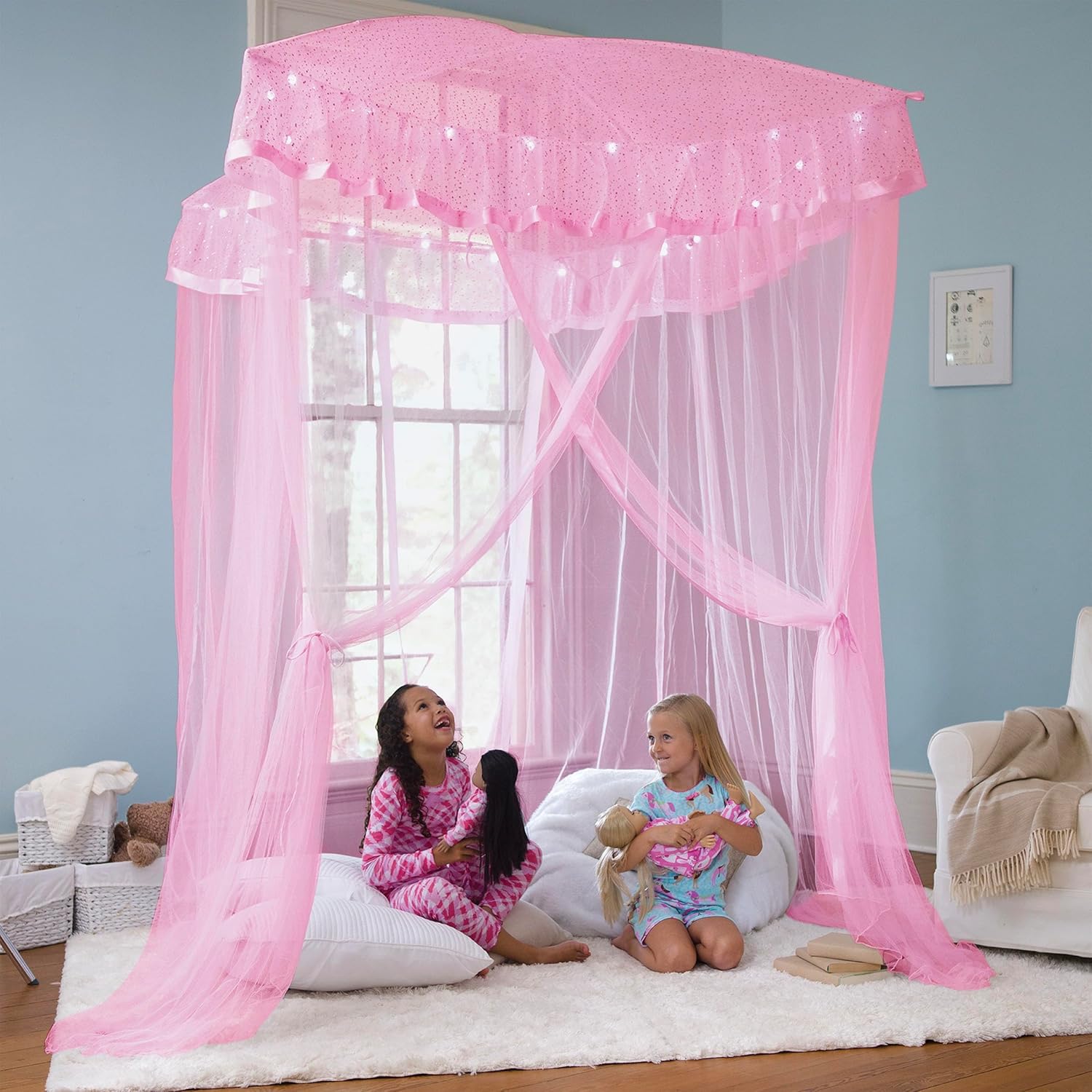 Dosel de cama con luces brillantes, Rosado