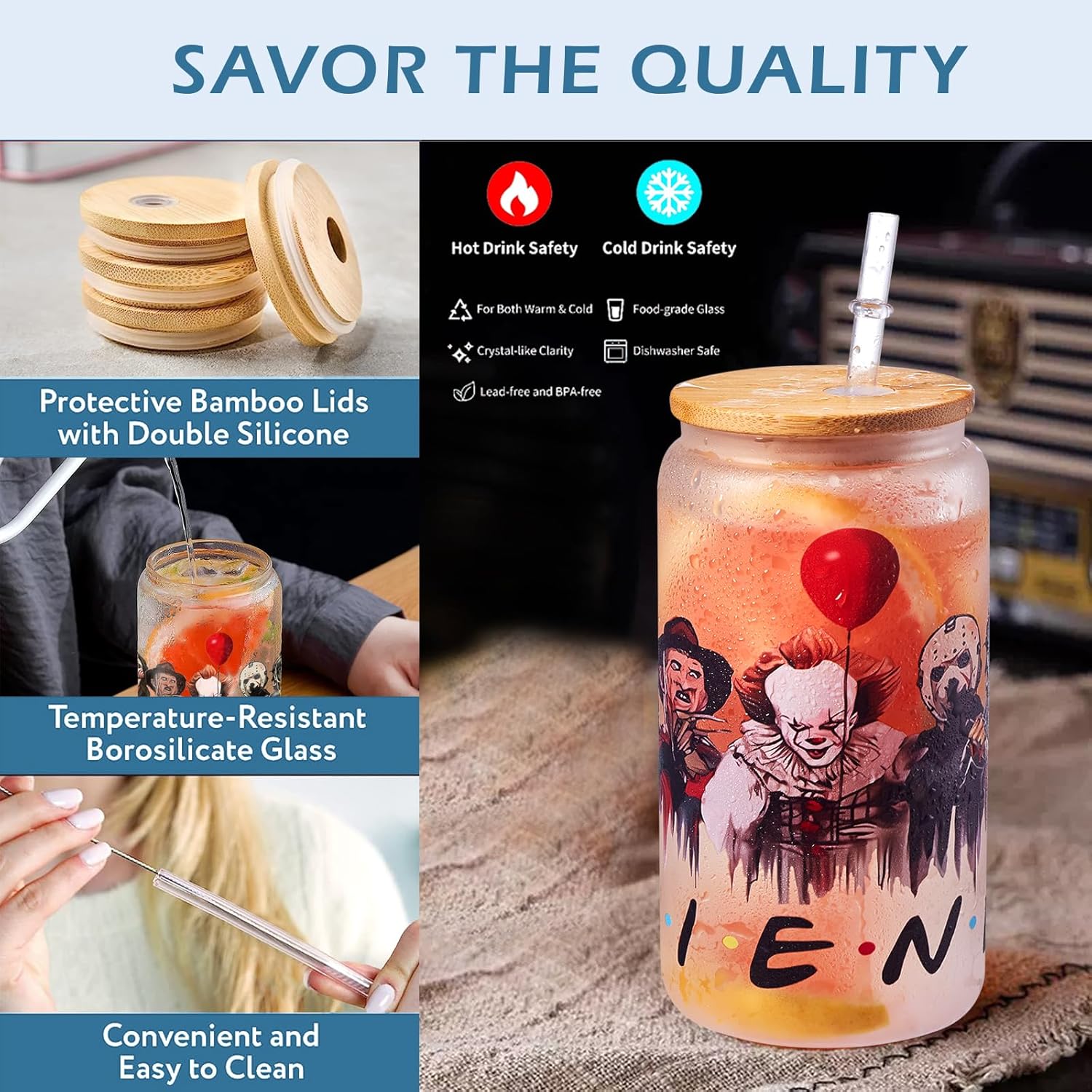 Vasos de cristal de terror con tapas y pajitas de bambú, vaso de Halloween con cara fantasma, regalos de película para mujeres, taza de café helado