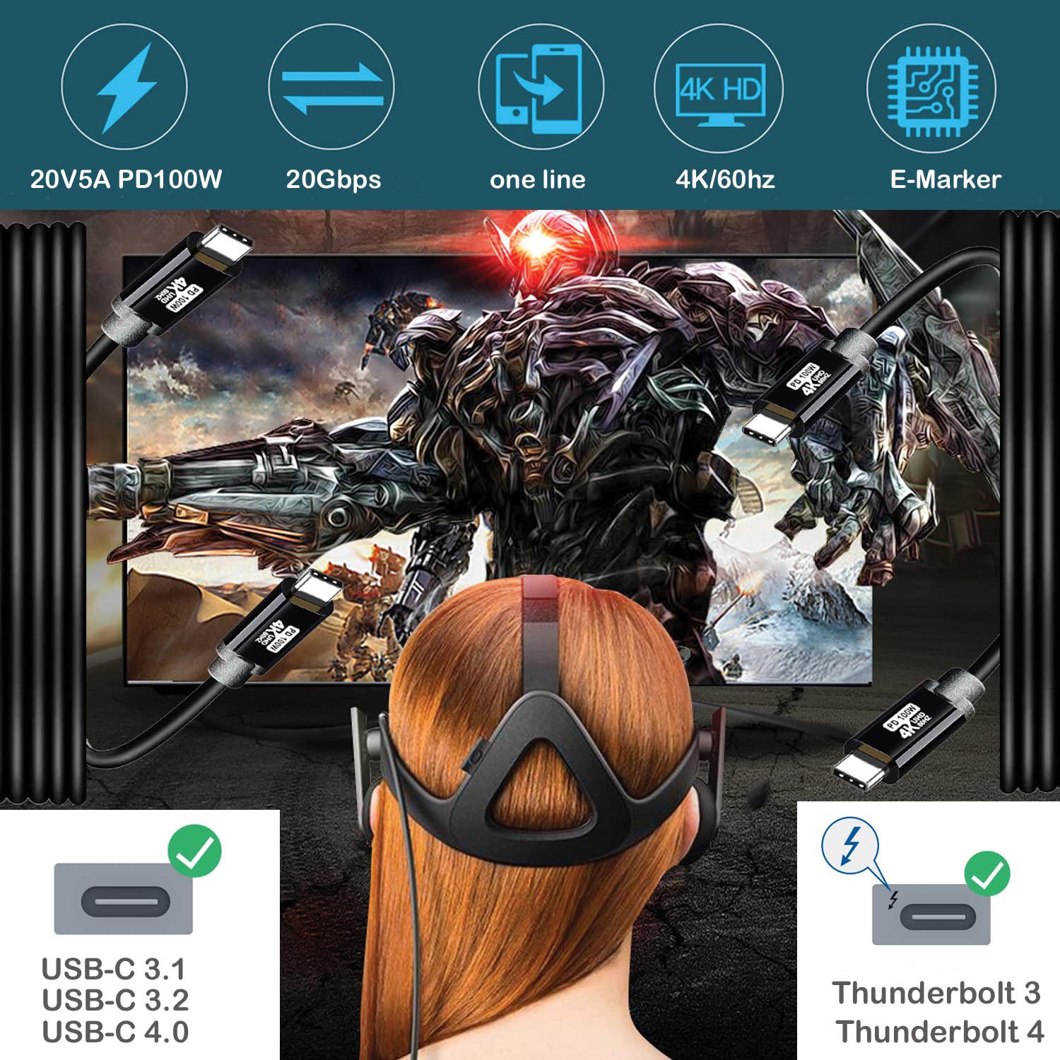 Cable USB C a USB C de 10 pies, 100 W 4K60HZ USB3.2 GEN2x2 compatible con Samsung Galaxy S23 S22 S21 S20 Ultra, Note 20 10, MacBook ProAir, iPad Pro
