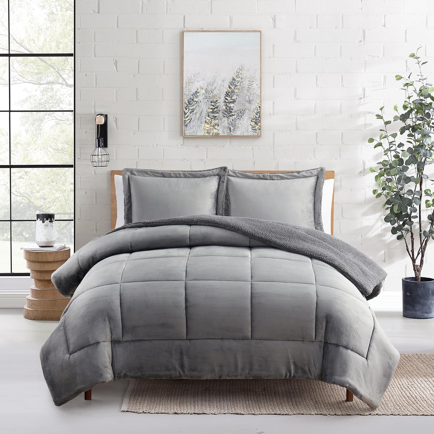 Sweet Home Collection Juego de edredón Sherpa de 3 piezas tamaño King, conjunto de ropa de cama de felpa con textura de sherpa suave y fundas a