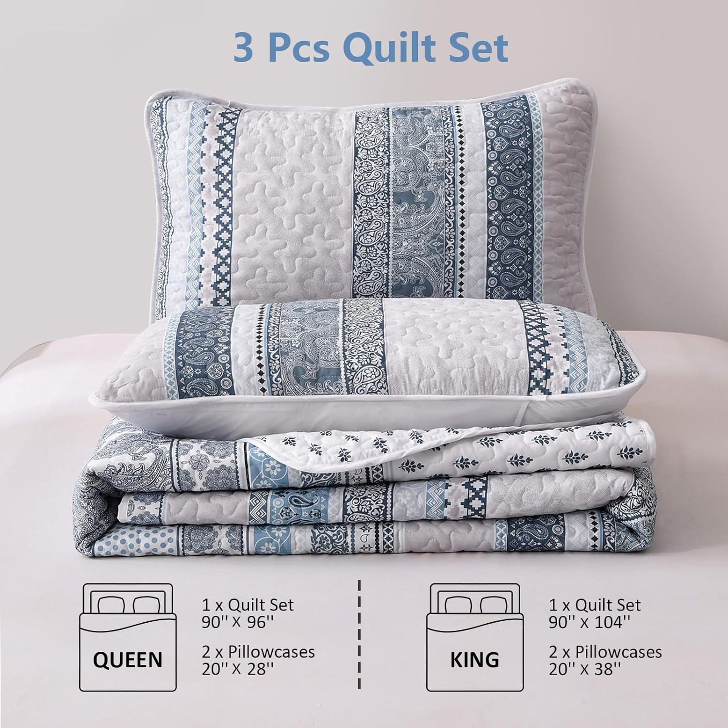 WONGS BEDDING Juego de edredón bohemio tamaño matrimonial, juego de edredón bohemio azul claro de 3 piezas, juego de ropa de cama ligero de verano