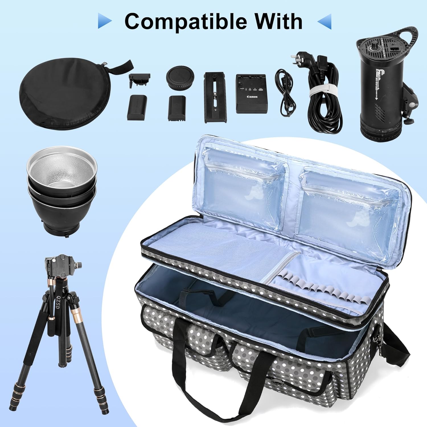 Yarwo Estuche de transporte de trípode de doble capa de 23.6 pulgadas de largo, bolsa de almacenamiento de equipo de estudio fotográfico compatible