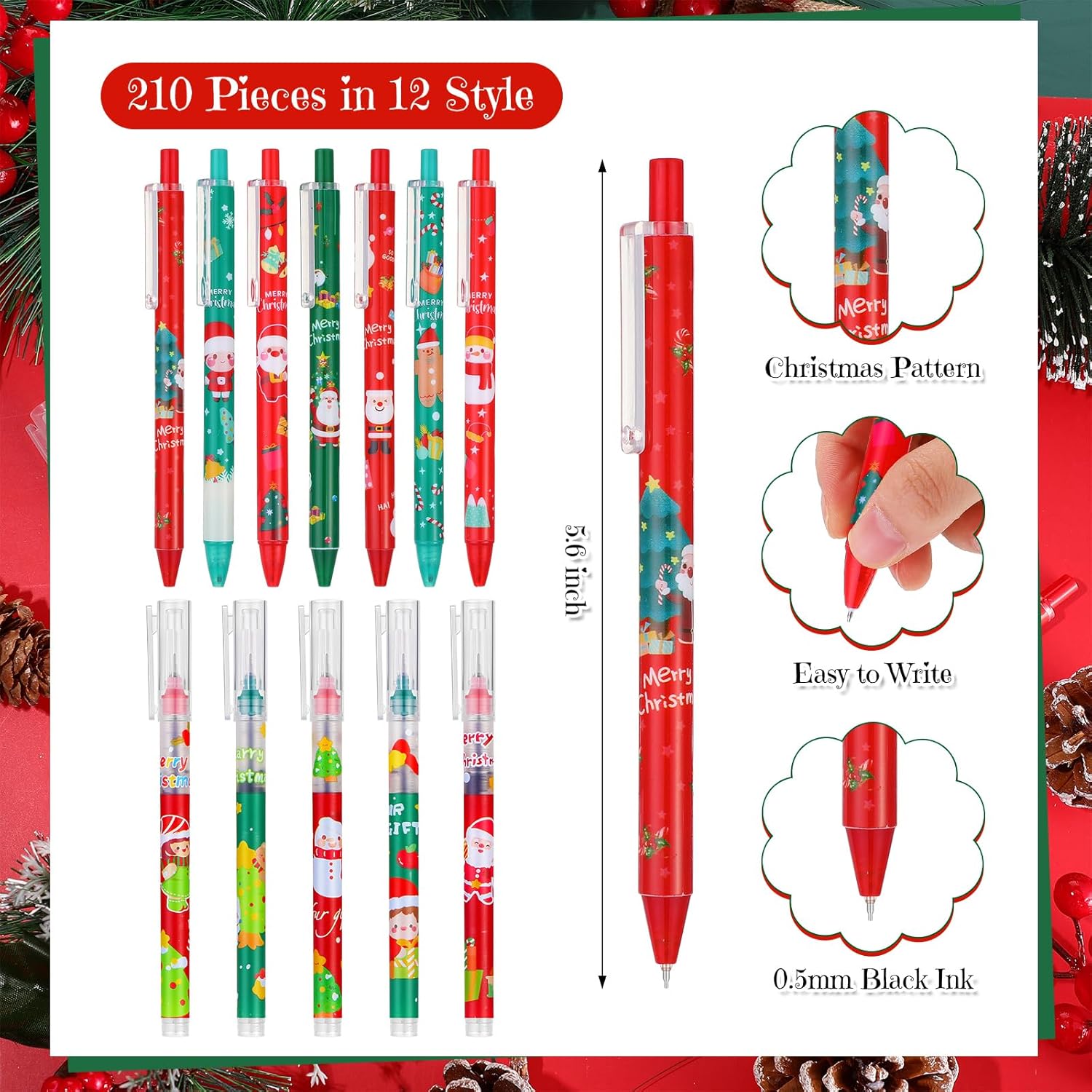 210 bolígrafos de tinta de gel de Navidad, bonitos bolígrafos retráctiles de Navidad, bonitos bolígrafos divertidos de dibujos animados a granel,