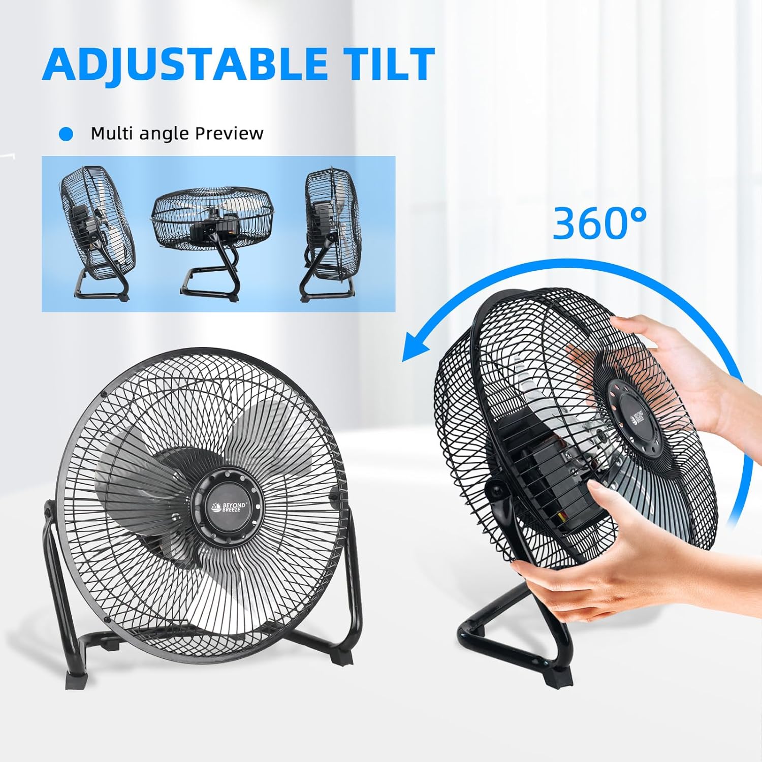 Ventilador de suelo de 9 pulgadas, 3 velocidades, resistente, pequeño, totalmente metálico, con inclinación ajustable para escritorio, mesa, oficina