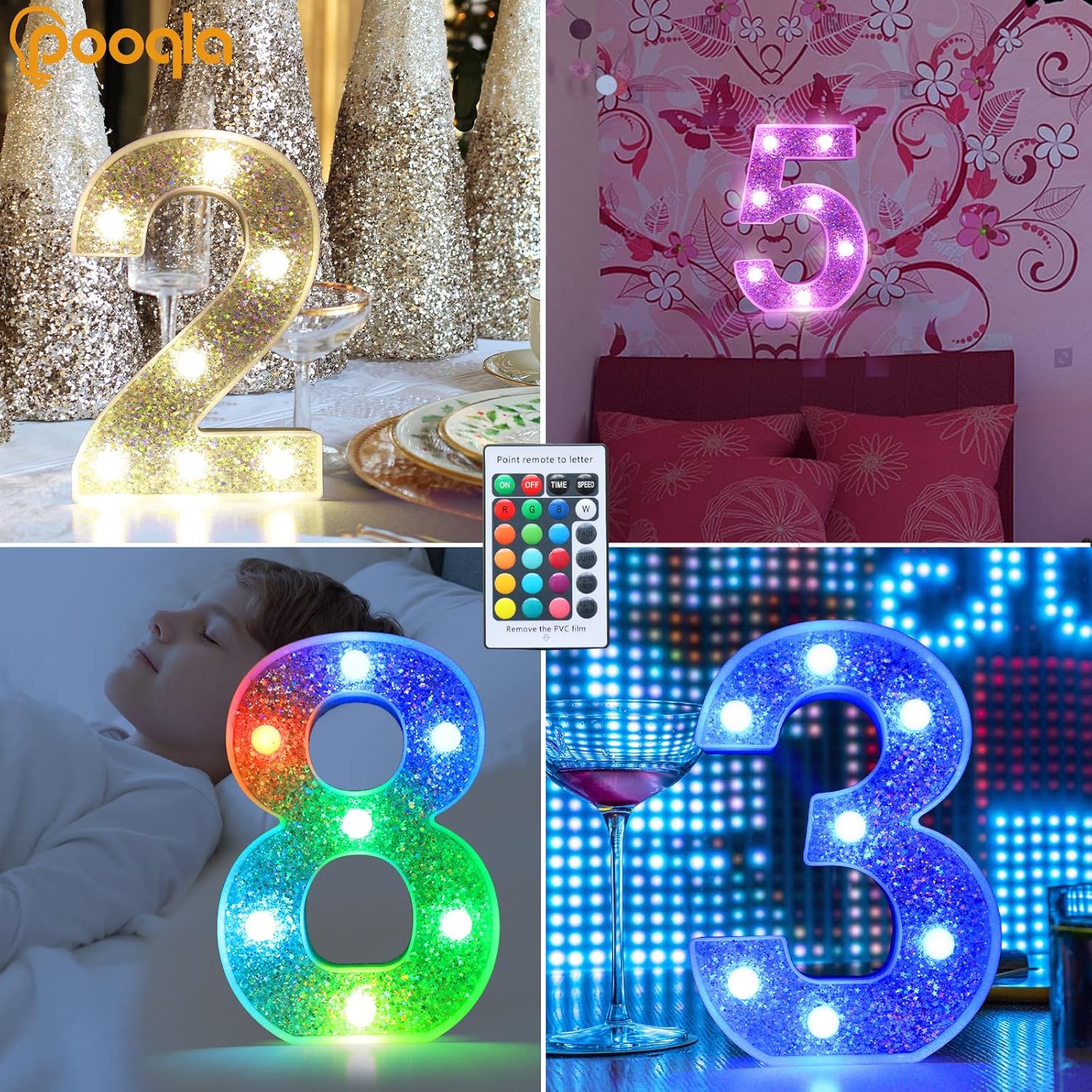 Pooqla Números iluminados coloridos, luces LED plateadas de números de marquesina que funcionan con pilas, 16 colores con purpurina para niñas,