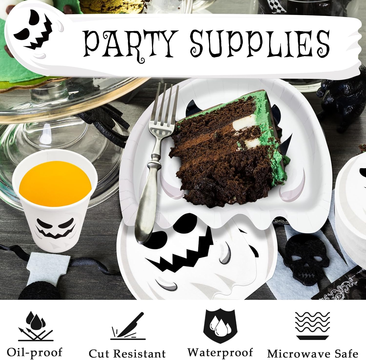200 platos y servilletas de Halloween, suministros para fiesta, fantasma, papel desechable, cena, postre, aperitivo, cubiertos, juegos de vajilla