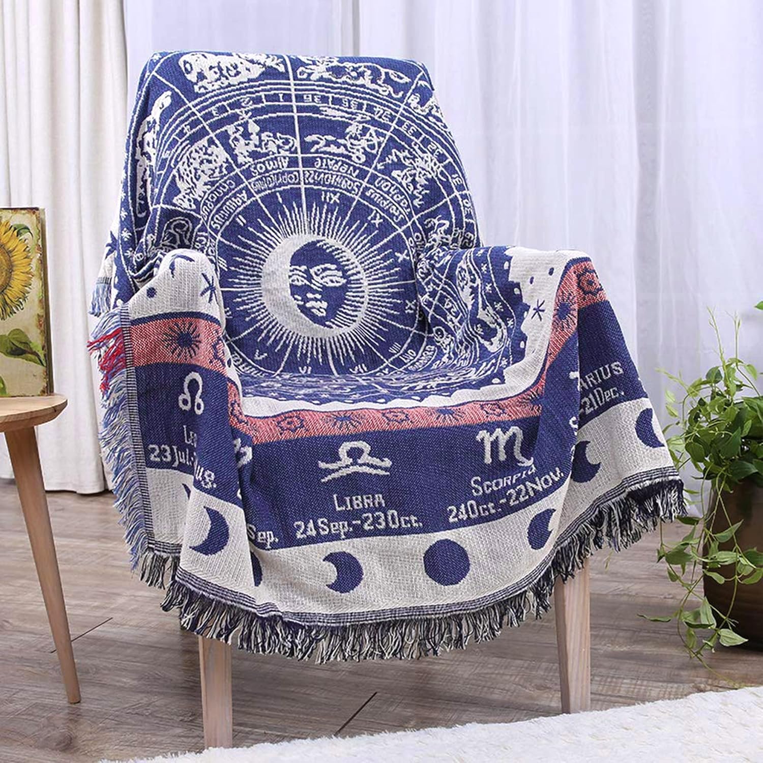 Astrology Throw BlanketBohemian Hippie Woven Witchy Zodiac Celestial Constellation Balnket for Home Decor, Double Side CoverChair Sofa Couch(Blue,