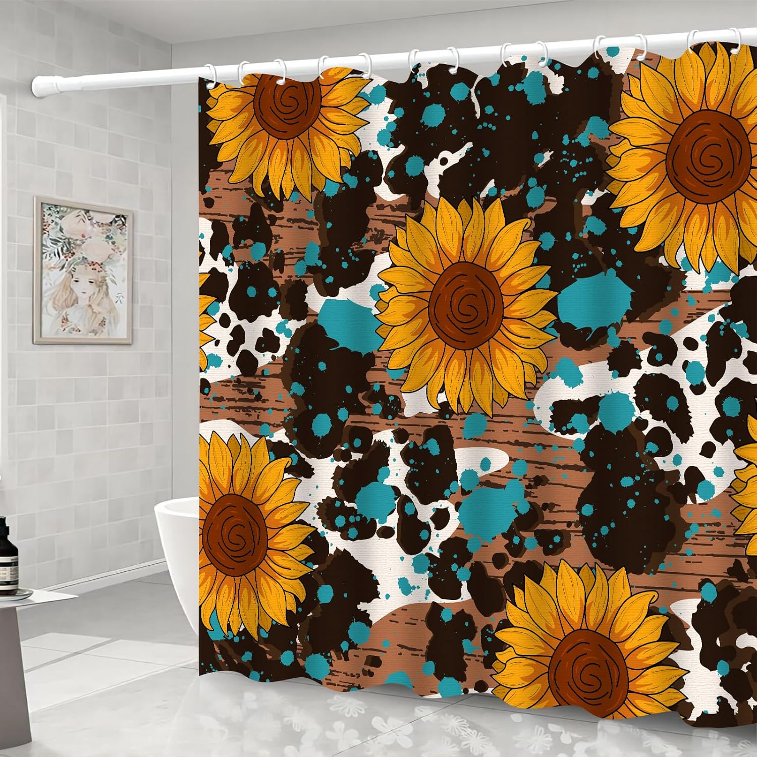 Cortina de ducha de girasol amarillo con 12 ganchos, cortina de baño decorativa de tela floral impermeable para verano, decoración de baño con