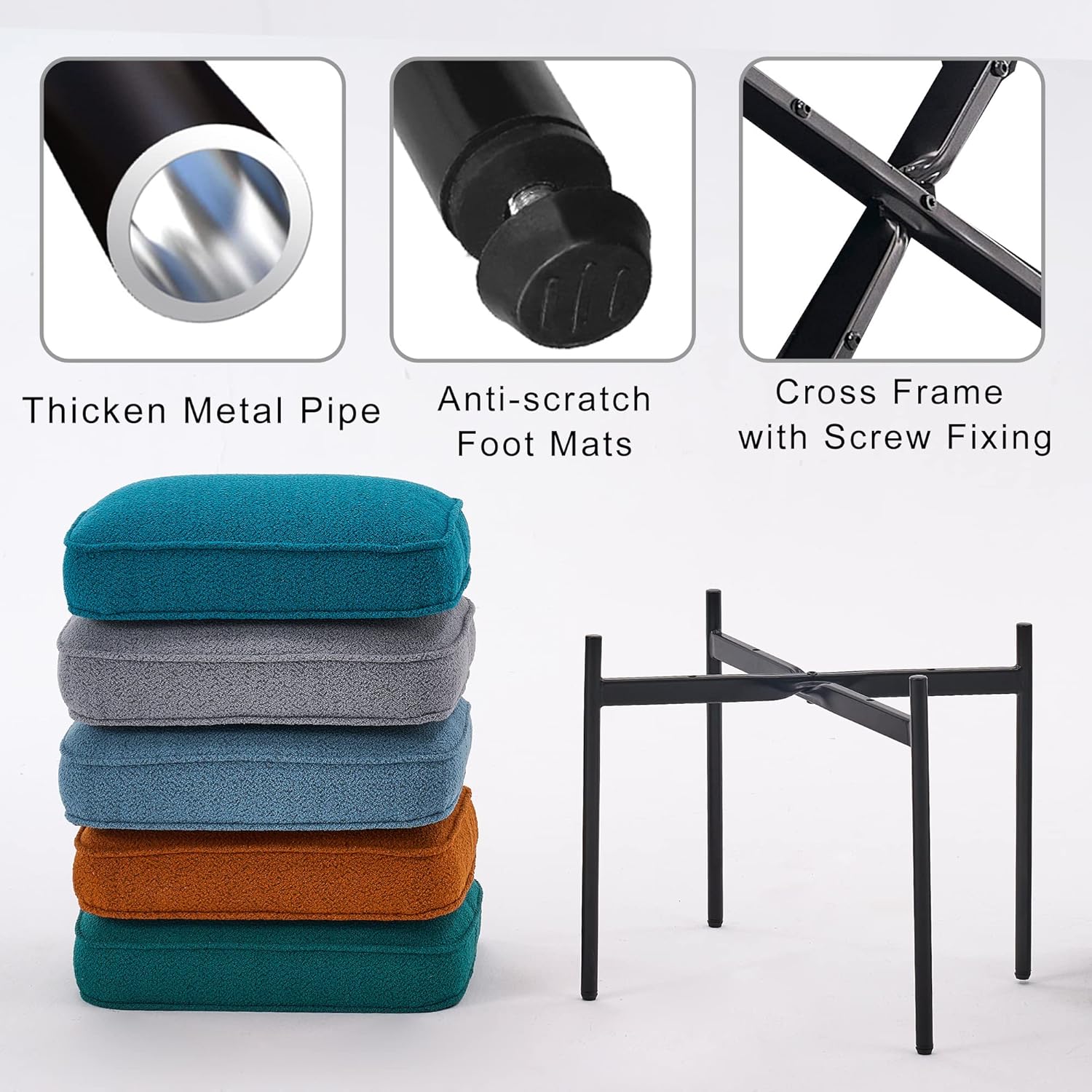 YOUNIKE Cómodo taburete otomano de terciopelo Boucle bohemio pequeño taburete capitonado tapizado para maquillaje con patas de metal, bonito banco