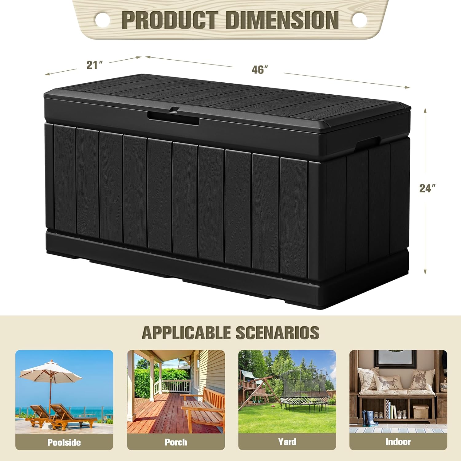 Flamaker Caja de almacenamiento para exteriores, 85 galones, de resina, impermeable, con textura de madera, contenedor de almacenamiento grande para