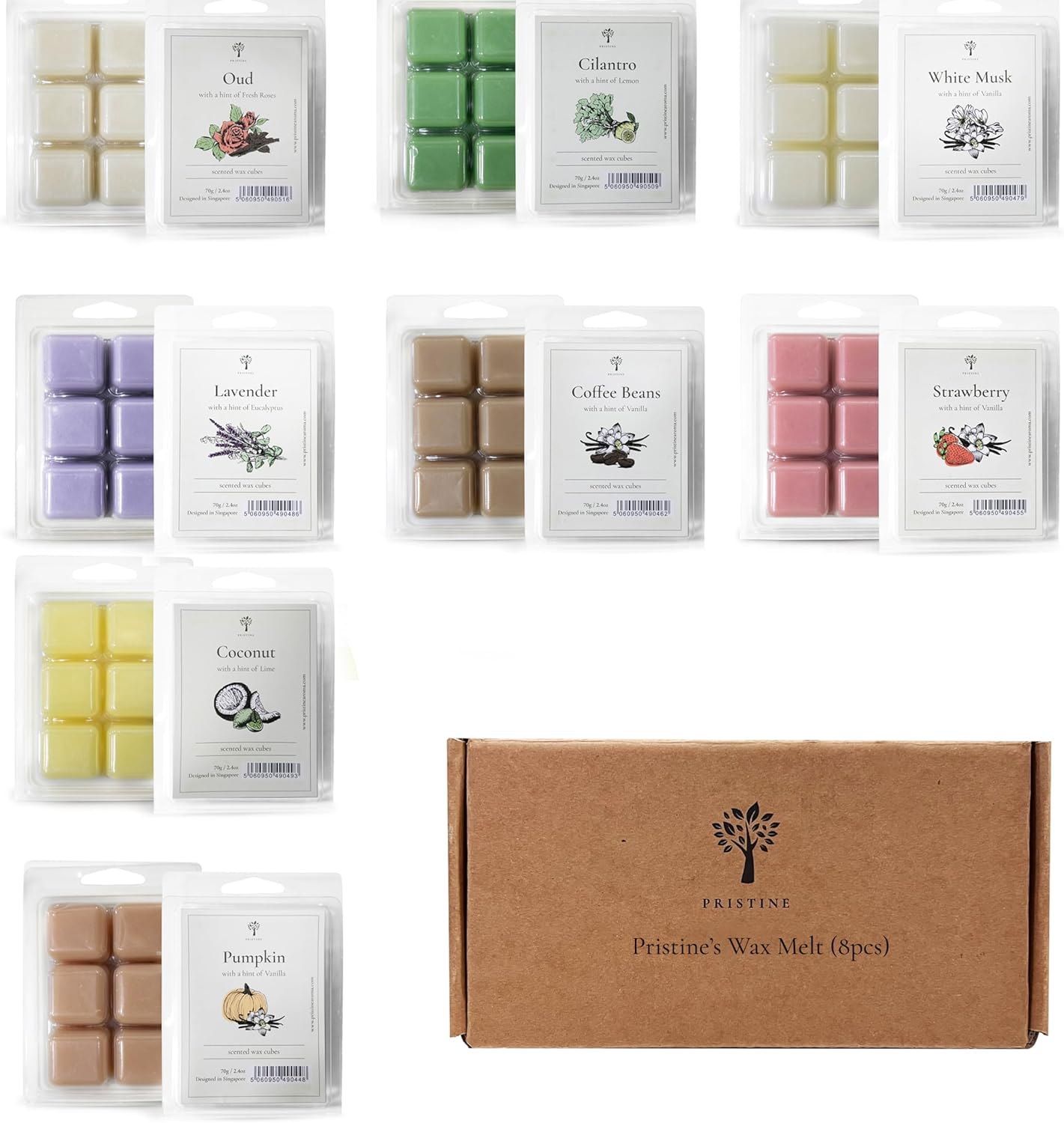 Pristine Cera perfumada derretida, cubos de cera, cera de soja perfumada, 8 x 2.5 onzas, vainilla de calabaza, limón cilantro, lavanda, coco y