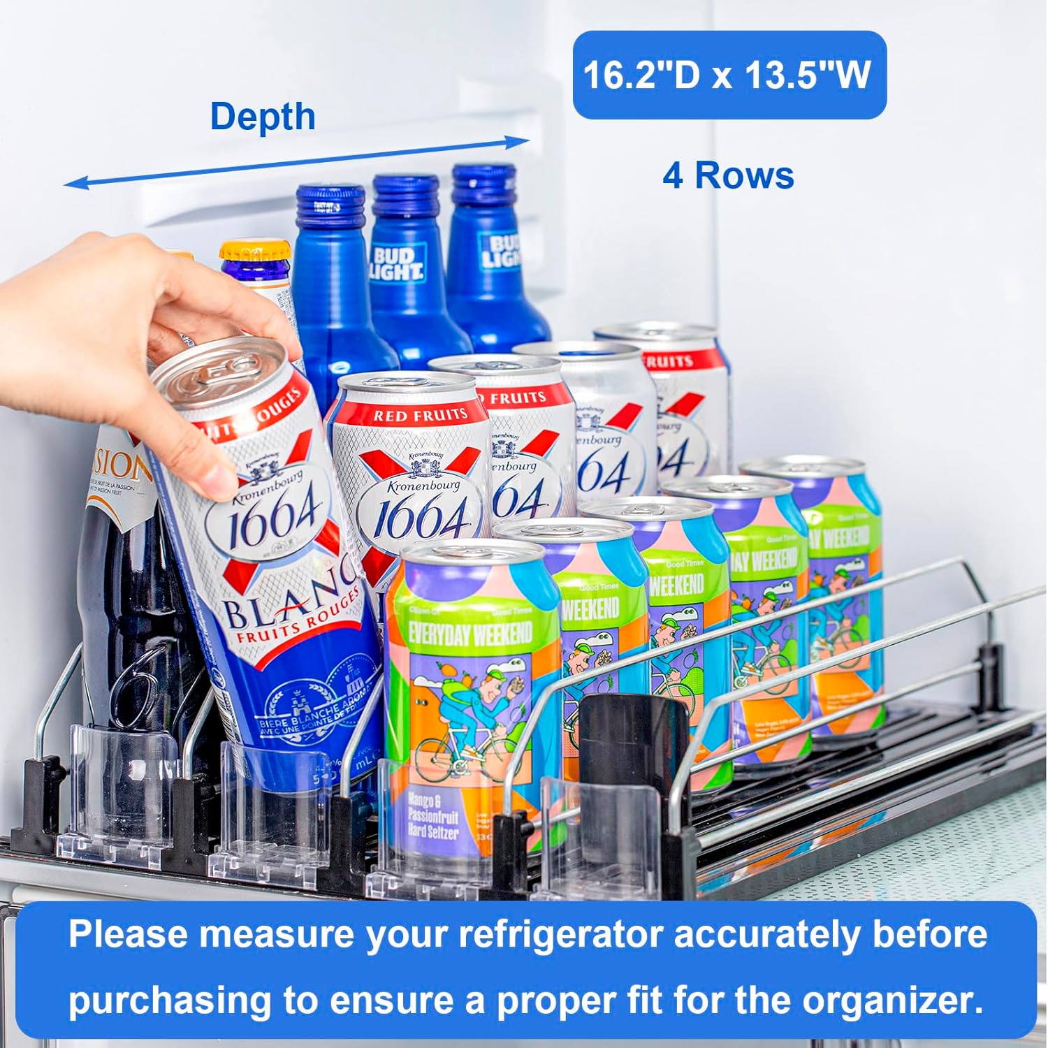 Rula Organizador de bebidas para refrigerador, dispensador de latas de soda autoempujable para refrigerador, negro, 4 filas, 16.2 pulgadas de