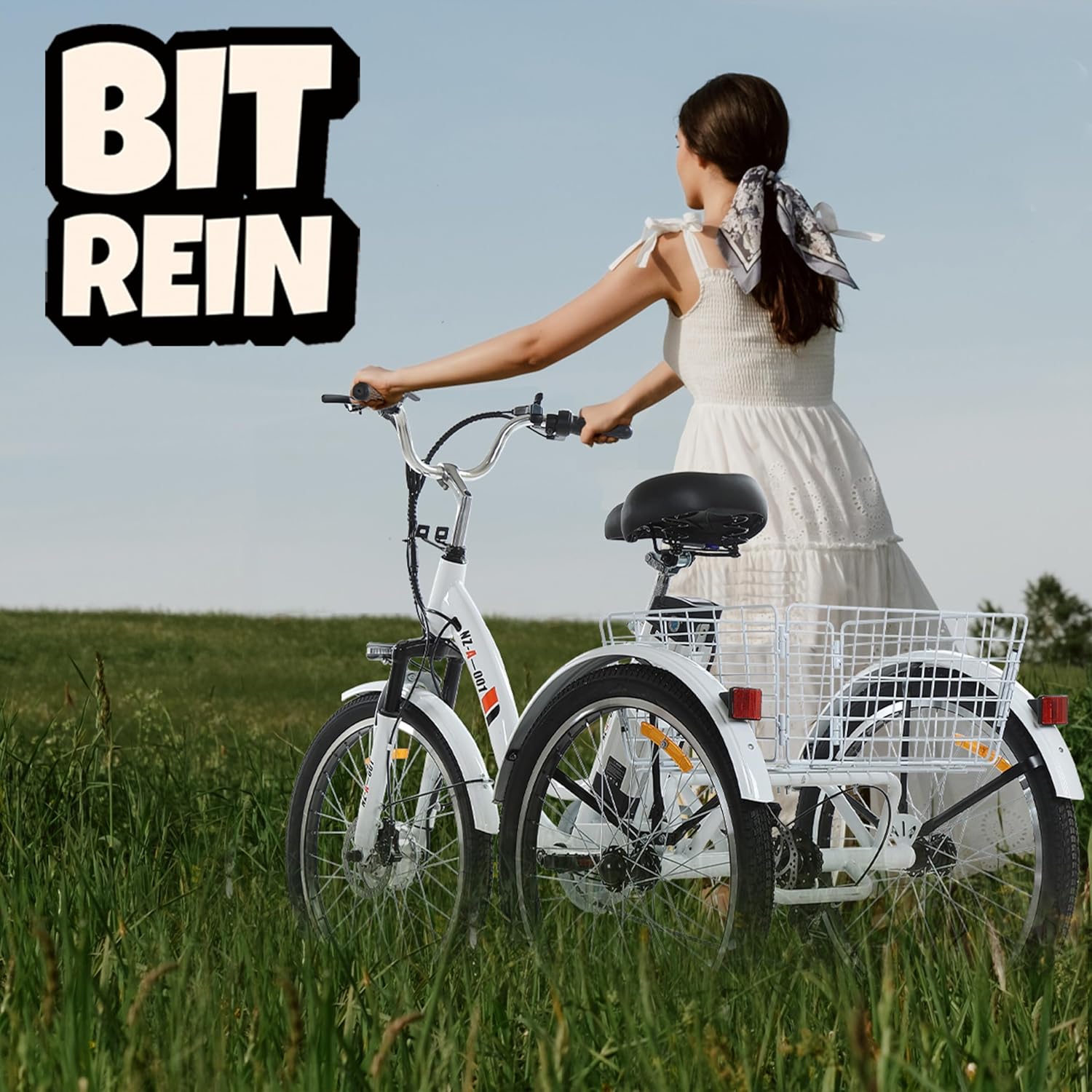 Bitrein Triciclo eléctrico de 24 pulgadas Bicicleta eléctrica 350W Motor sin escobillas delantero 48V 13AH batería de iones de litio extraíble