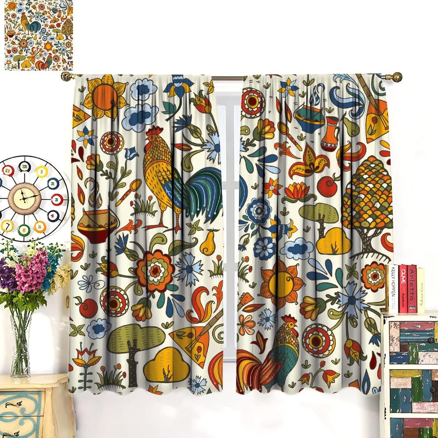 Cortinas de ventana de pollo, ventanas de cocina, sala de estar, dormitorio, cafetería, gallo de granja, pollo, girasol, estilo pastoral, flores y