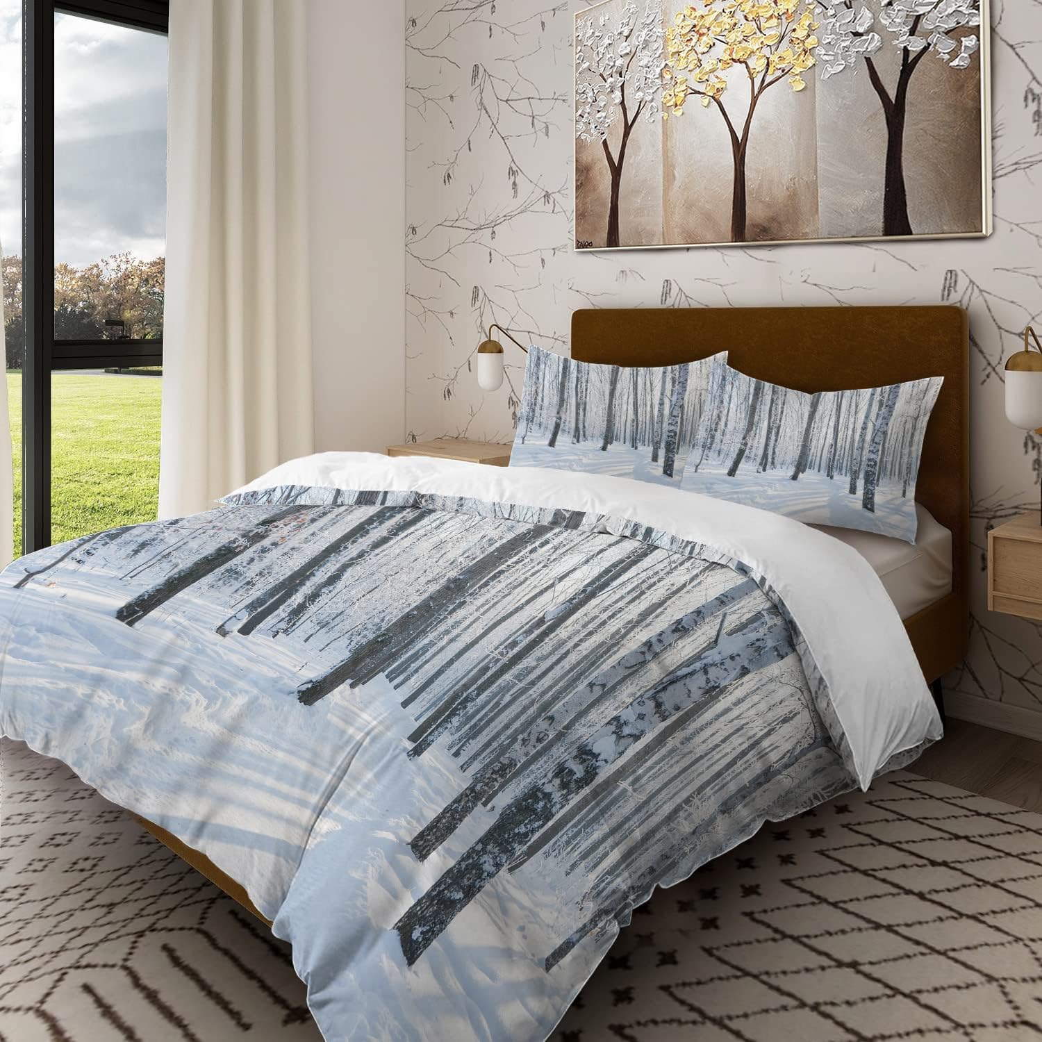 Batmerry Juego de edredón de 3 piezas, diseño de bosque de invierno, diseño de madera natural, estampado de madera natural, 100% algodón, para todas