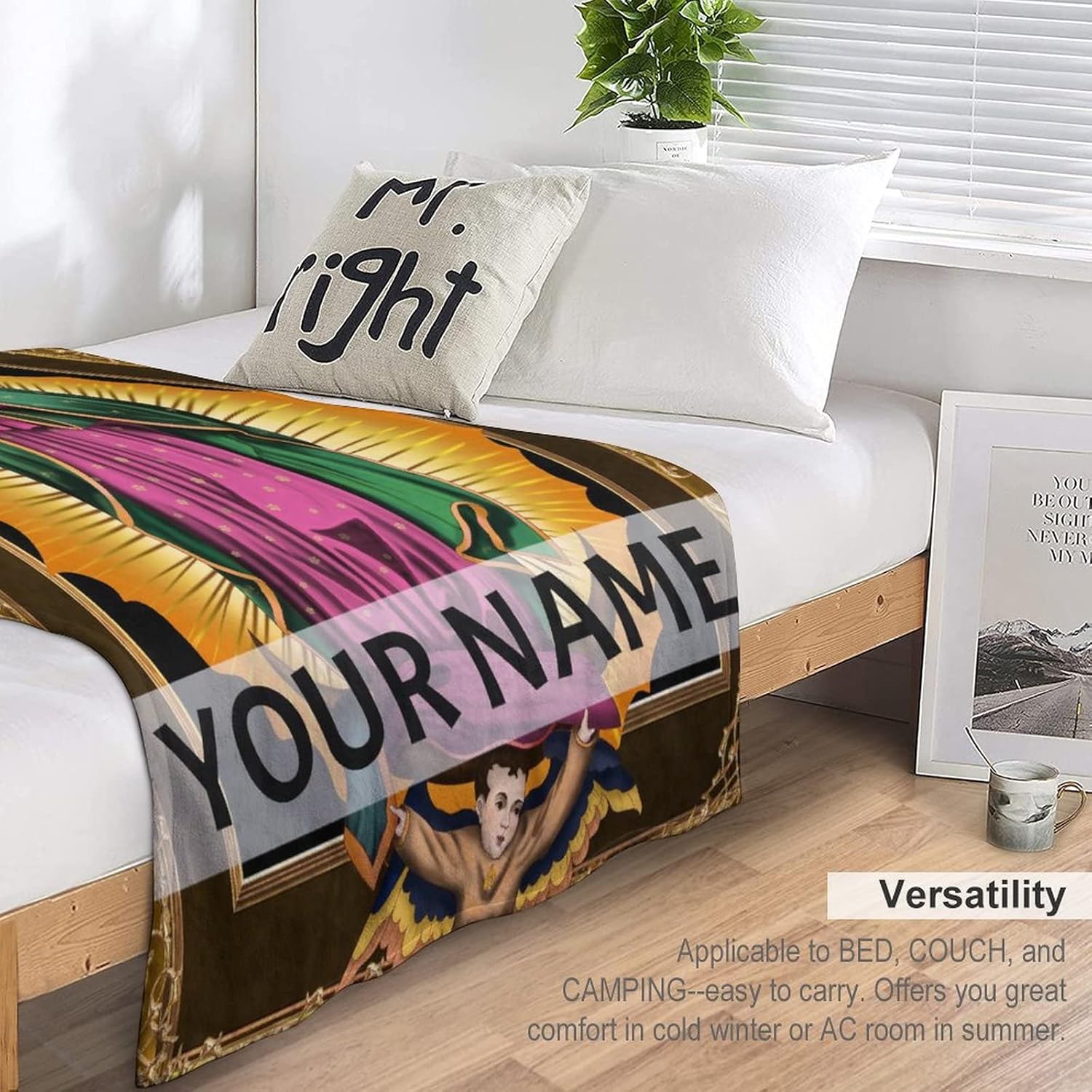 Manta católica personalizada para regalo con texto de nombre, manta de 50 x 60 pulgadas, manta de Virgen de Guadalupe ligera, suave, acogedora,
