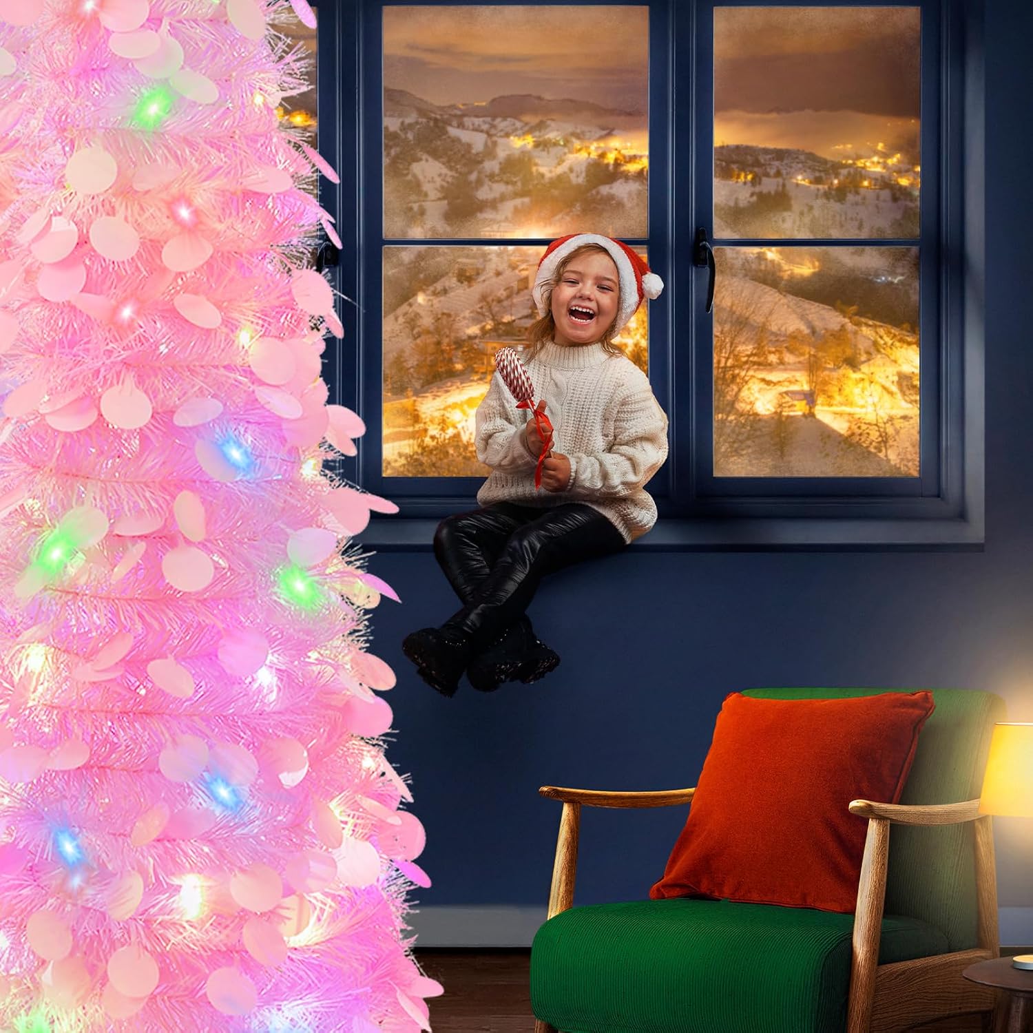 GlyinnHe Árbol de Navidad de oropel desplegable de 5 pies con 50 luces multicolores, lápiz de Navidad preiluminado con lentejuelas rosas, funciona
