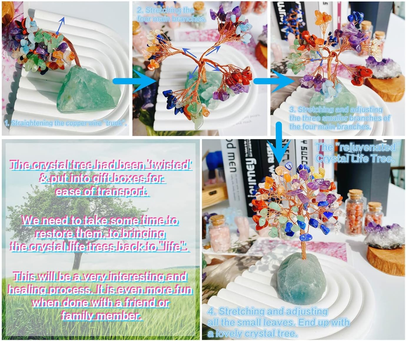 QINJIEJIE Decoración de árbol de cristal curativo de ópalo para decoración de árbol de piedra de cristal natural, árbol de piedras preciosas de