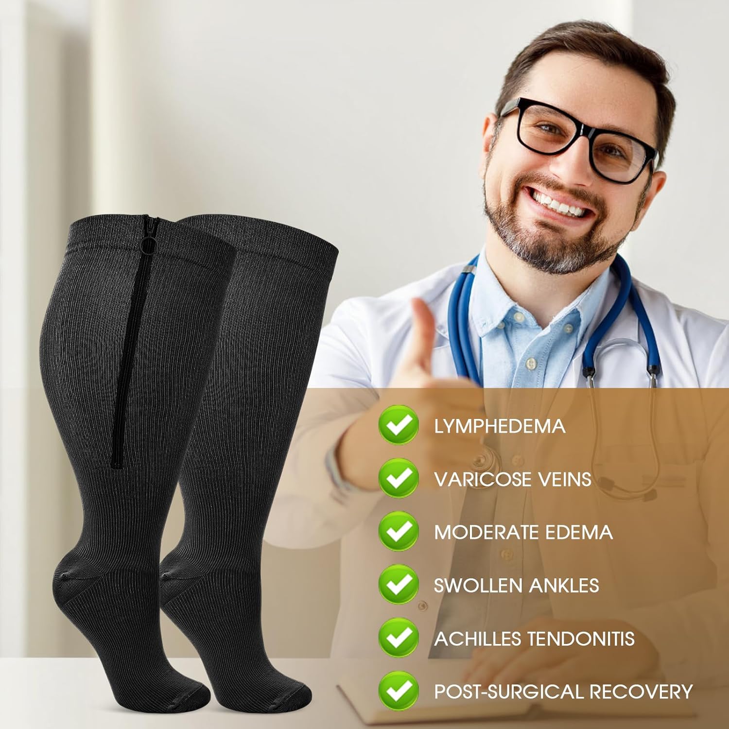 Calcetines de compresión patentados con cremallera para mujer, pantorrilla ancha, talla grande, 2 pares de medias de dominio de 20  30 mmHg para