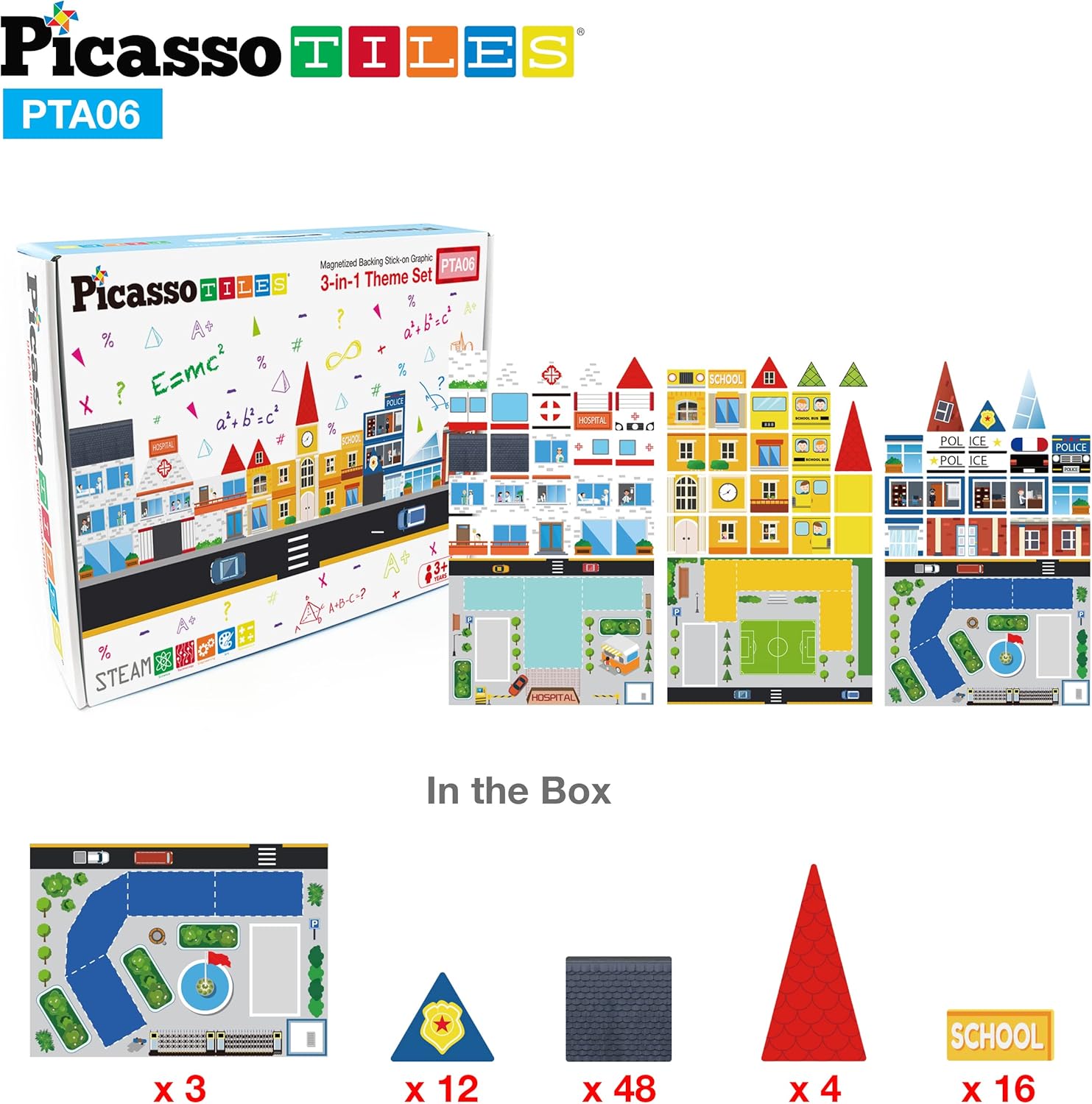PicassoTiles Juego de 80 piezas para escuela, hospital, estación de policía 3 en 1, imán temático autoadhesivo con parte trasera adhesiva,