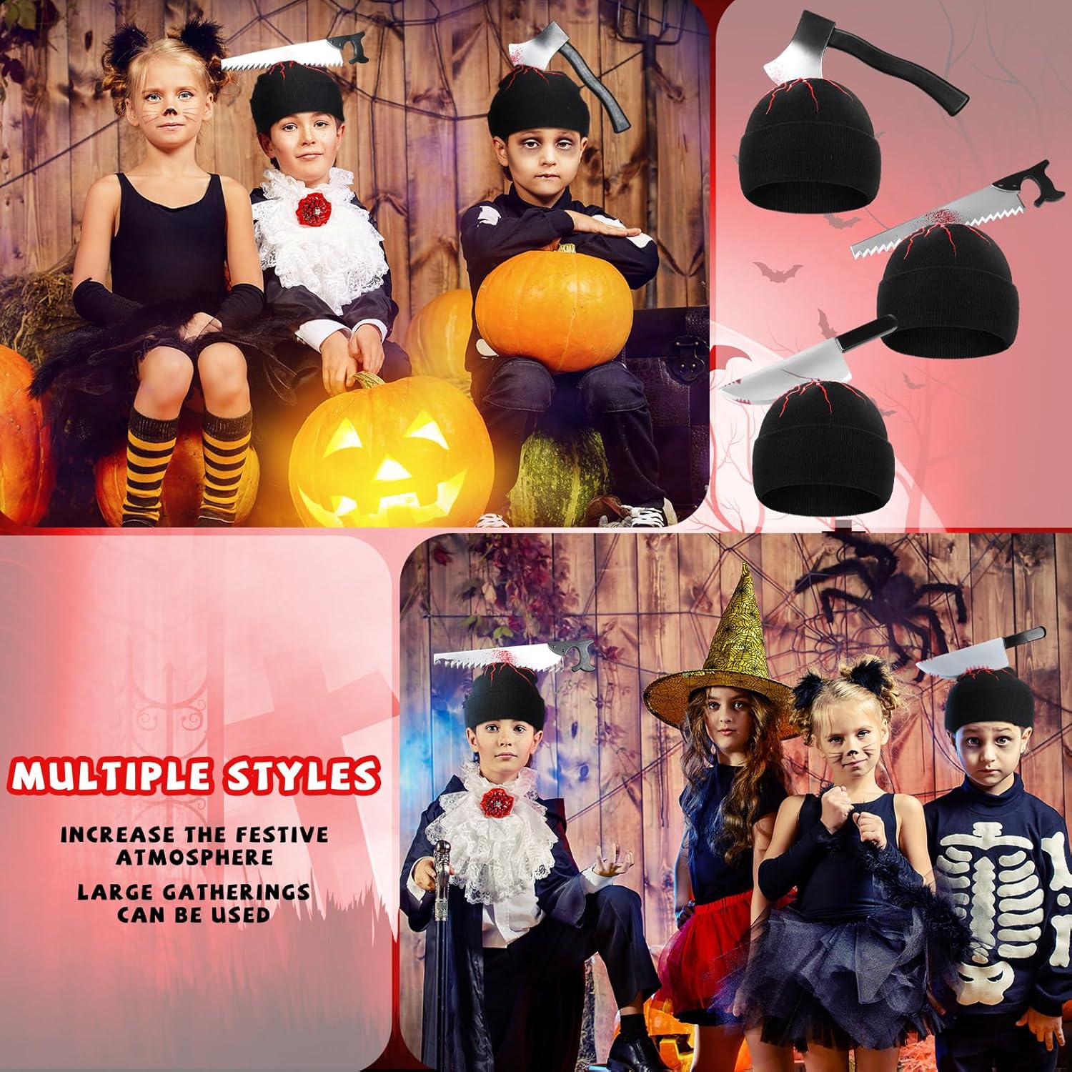 Suhine 3 piezas de sombrero de cuchillo aterrador de zombi de Halloween, accesorios de disfraz de zombi, sombrero de terror con hacha de cuchillo