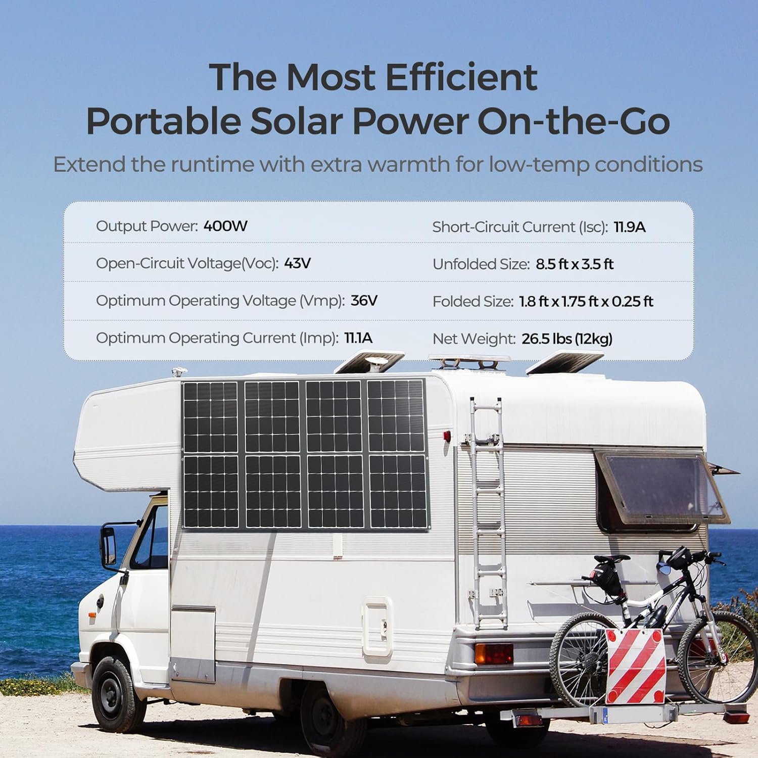 Renogy Panel solar portátil de 400 W, manta solar monocristalina plegable, panel solar de gran potencia, células solares Sunpower 23.7% de alta