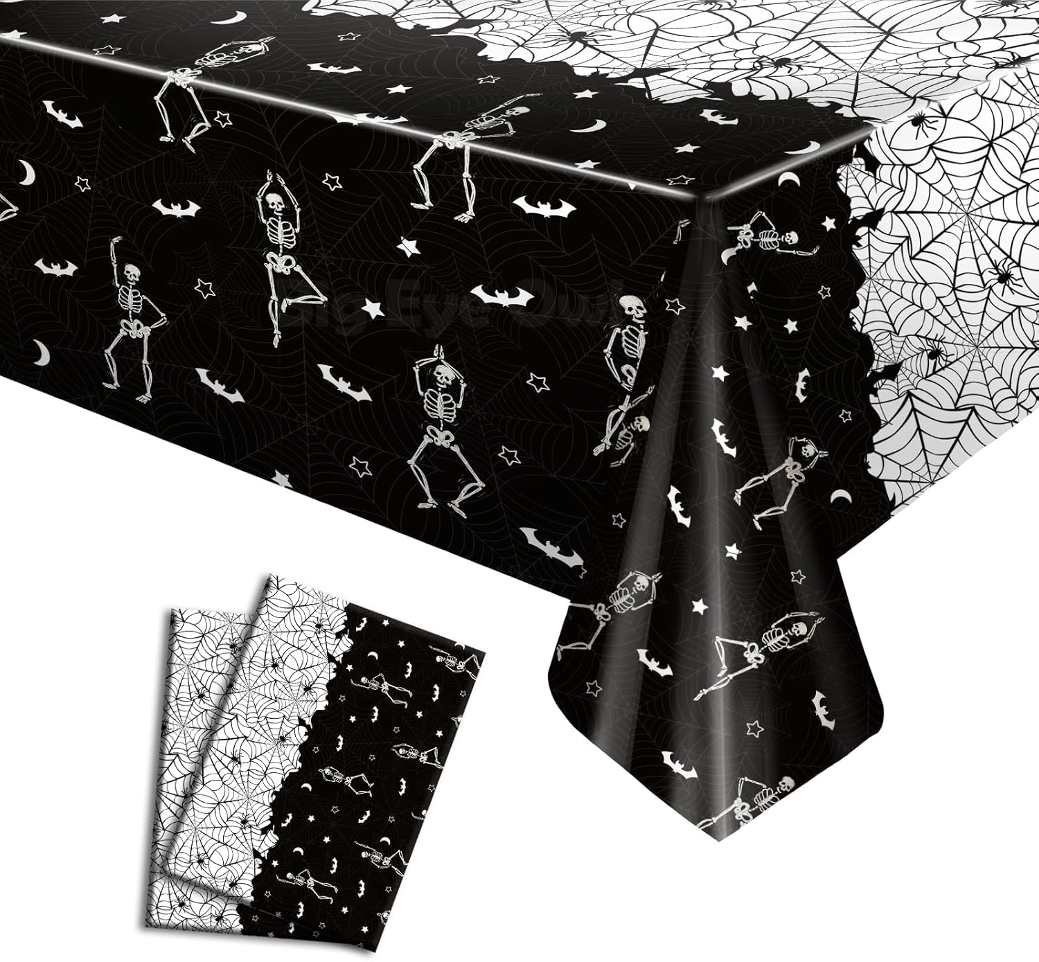 2 manteles desechables de Halloween con diseño de calavera y esqueleto, de plástico, color negro, rectangular, de vinilo, para decoración de fiestas