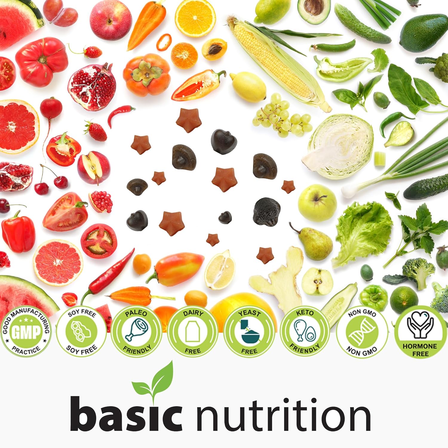 Basic Nutrition SuperFruits + SuperGreens – Paquete de gomitas  Vitaminas y minerales que promueven el colágeno para la belleza, la energía y la