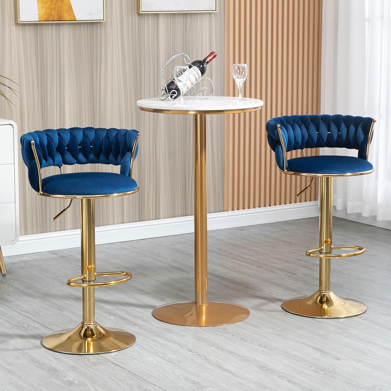 Tmsan Juego de 2 taburetes de bar giratorios de terciopelo, taburetes de bar ajustables con altura de mostrador, sillas de bar tejidas modernas para