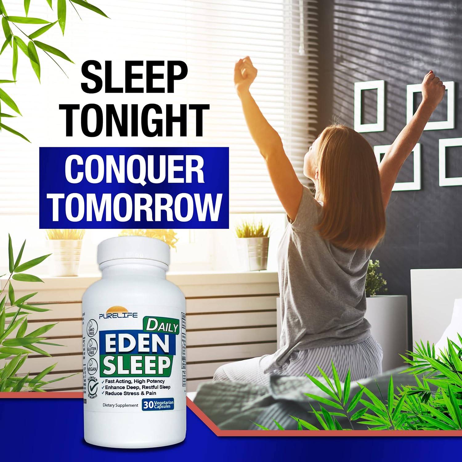 Eden Daily Sleep Nueva fórmula libre de GABA  Duerme más rápido, relaja tus músculos, promueve un sueño profundo y reparador (30 cápsulas veganas)
