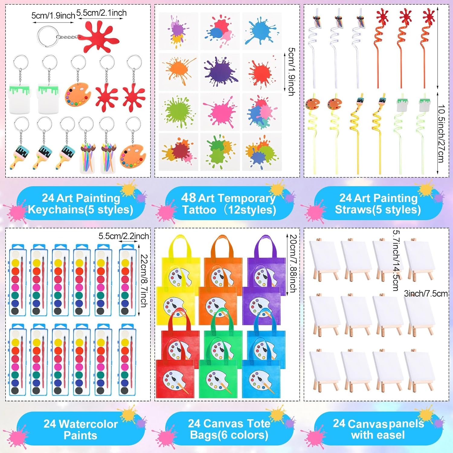 Zhanmai Pintura para fiestas de niños pequeños, pintura artística, lienzo, acuarela, pintura artística, pajitas, llavero, bolsas temporales de