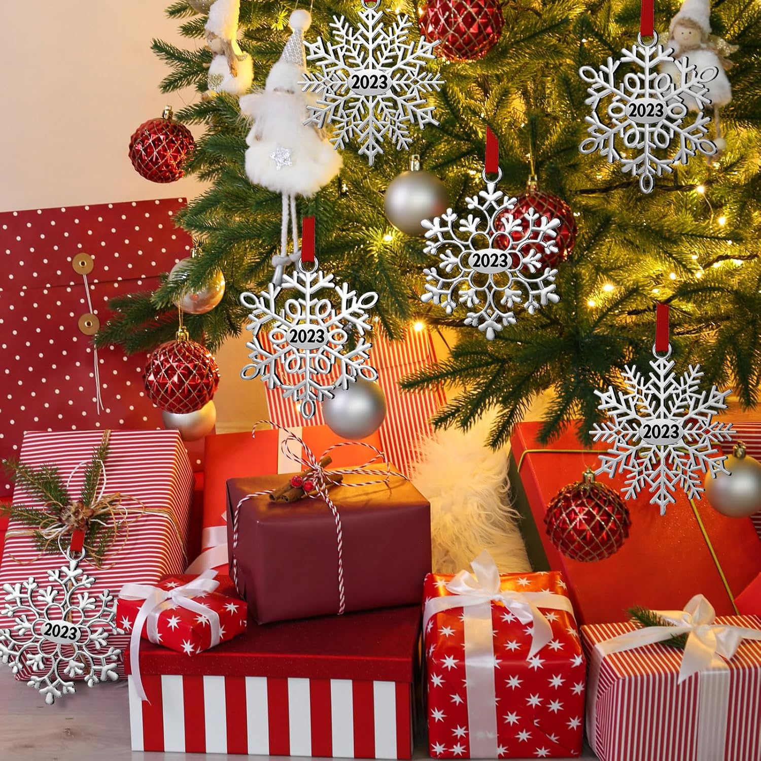 Adorno de Navidad de metal con copos de nieve para árbol de Navidad, copos de nieve, decoraciones colgantes de Navidad para árbol de Navidad,