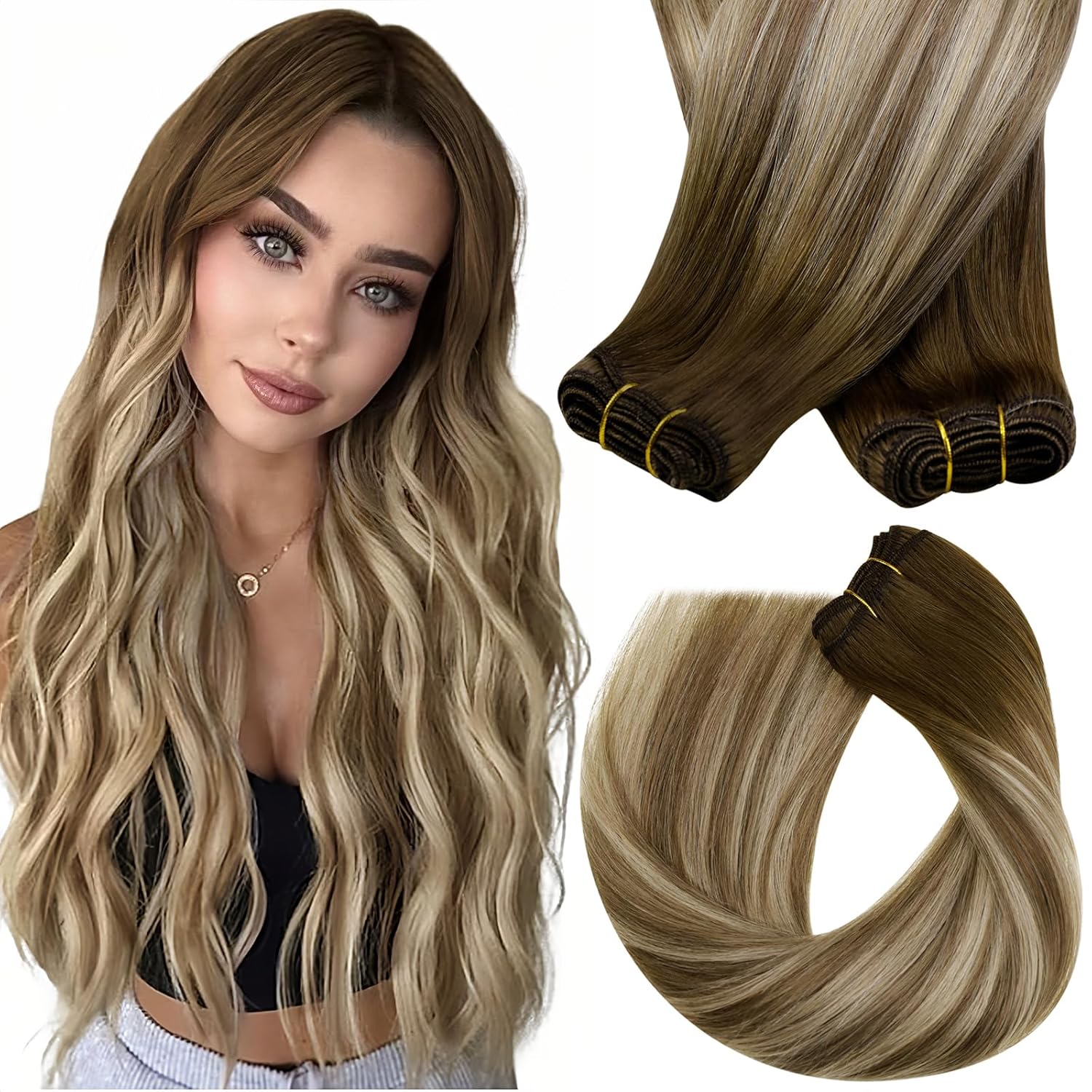 Sunny Hair – Extensiones de cabello humano degradado para coser, balayage, color marrón oscuro, mezcla de castaño claro, mezcla de rubio,