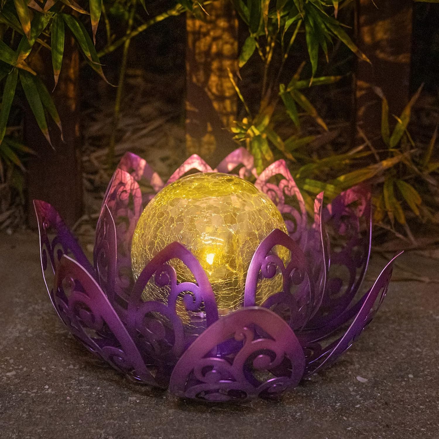 Luces solares de jardín para exteriores, lámpara solar de loto impermeable, globo de cristal agrietado de metal, luz LED de decoración de flor de