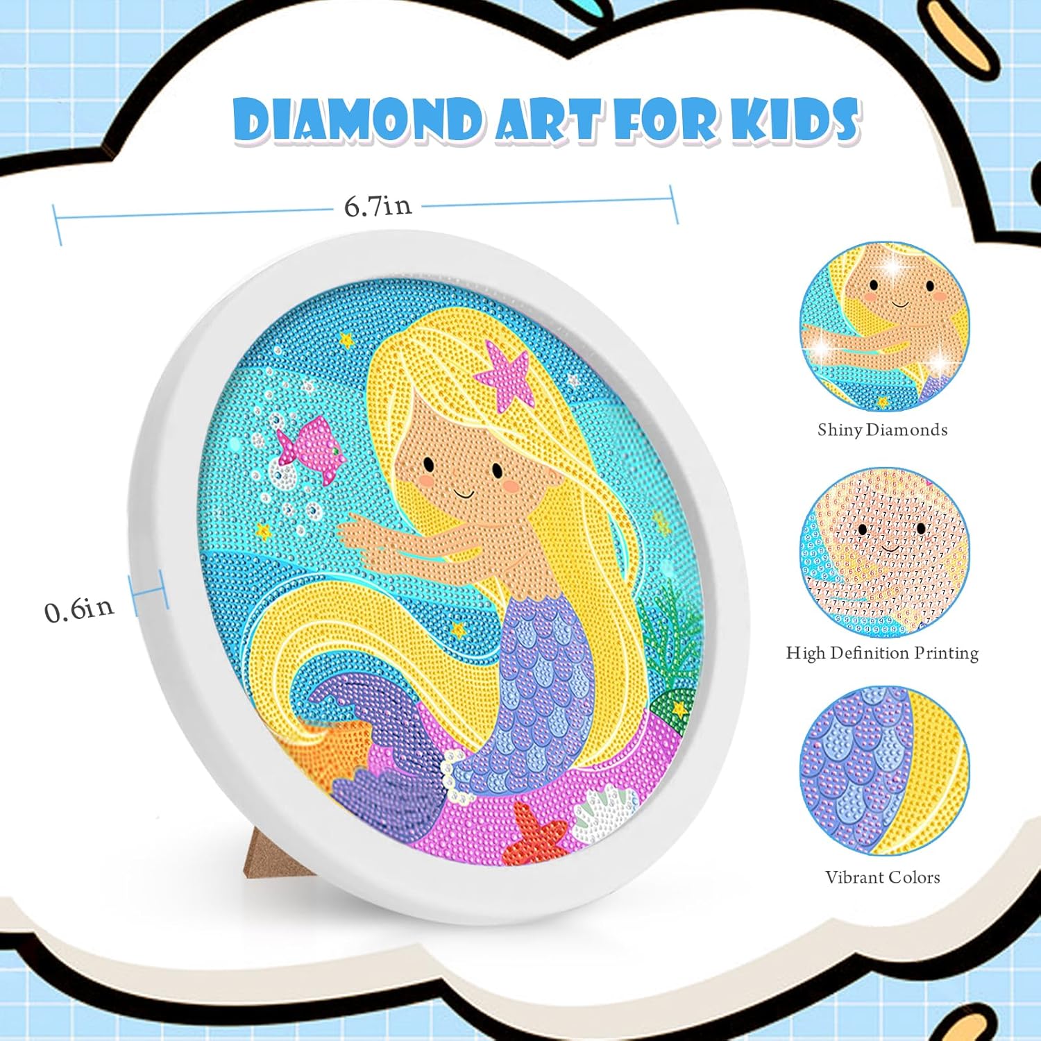 ACSAUMMY Kits de pintura de diamantes 5D para niños con marco de madera, arte y manualidades de diamantes de sirena para niños de 6 a 8 a 10 a 12