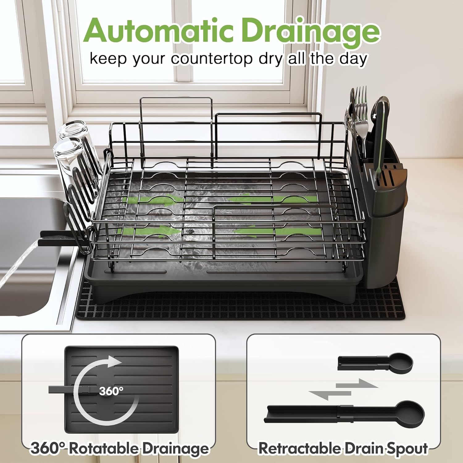 Qienrrae – Escurridor grande para platos, de acero inoxidable, con 2 niveles y drenaje para la encimera de la cocina, tiene soporte para copas de