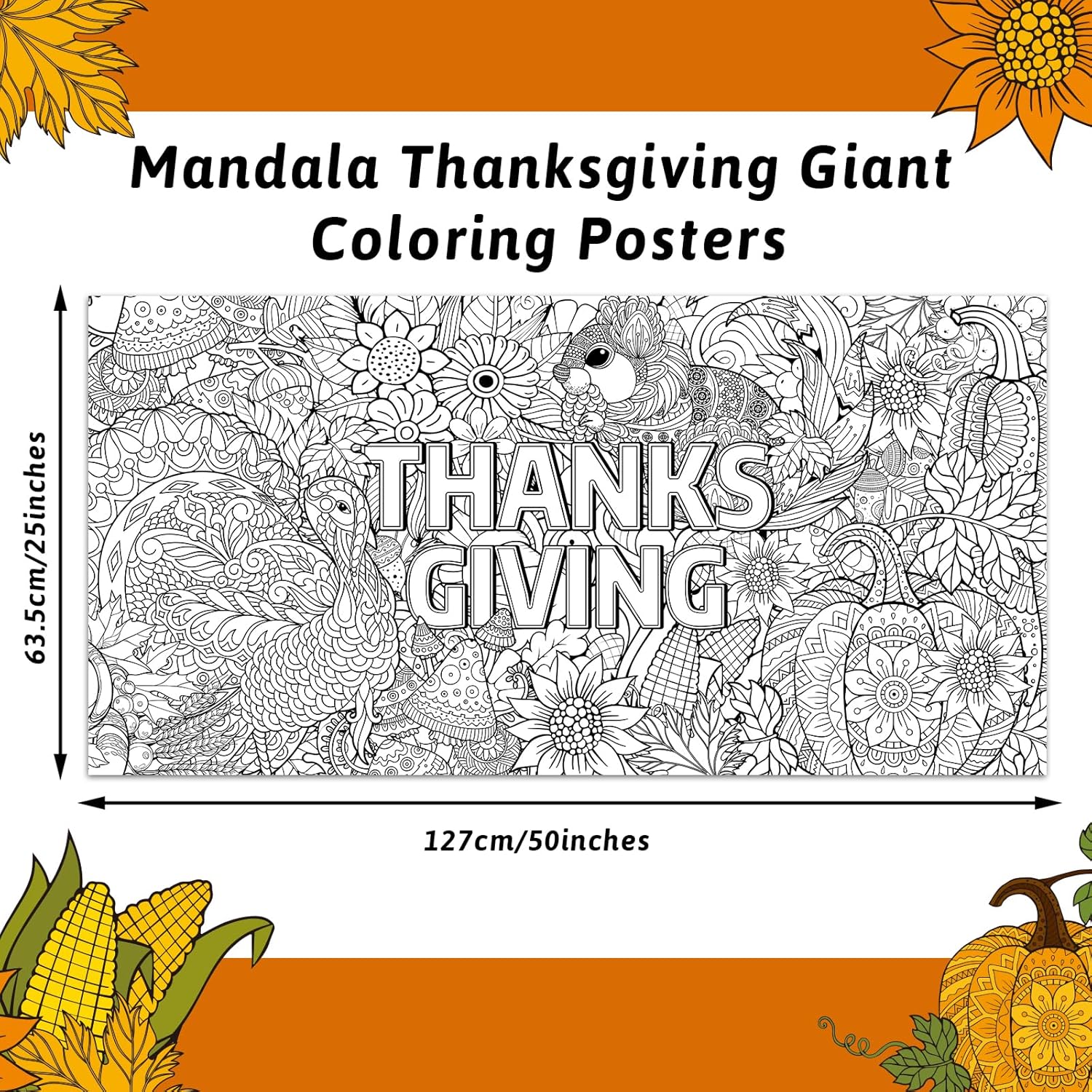 ZOIIWA Pósteres gigantes para colorear de mandala para niños y adultos, mantel de dibujo de Acción de Gracias, mandala, cosecha de otoño, calabazas,